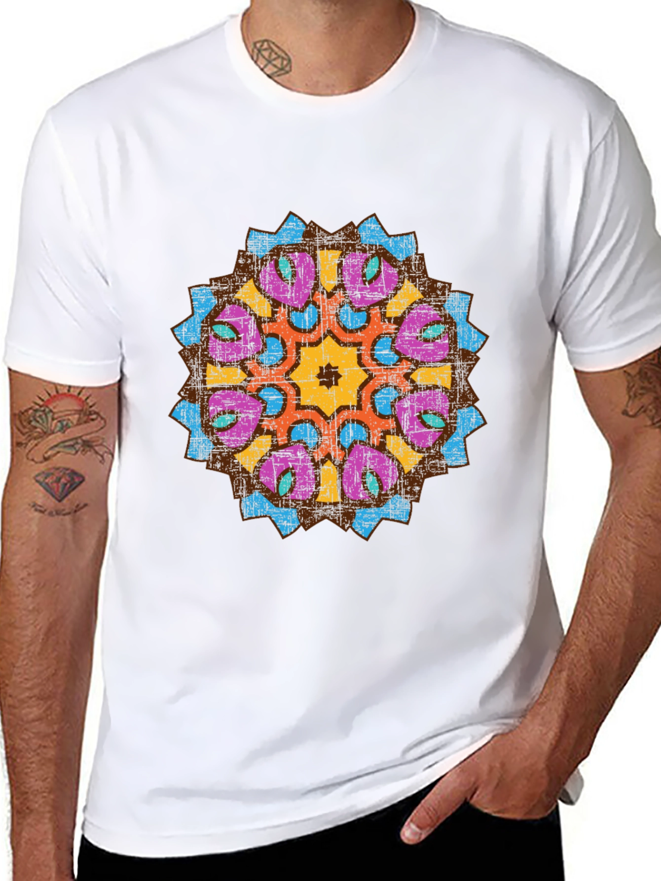 Mens Black Graphic Tee with Mandala Design