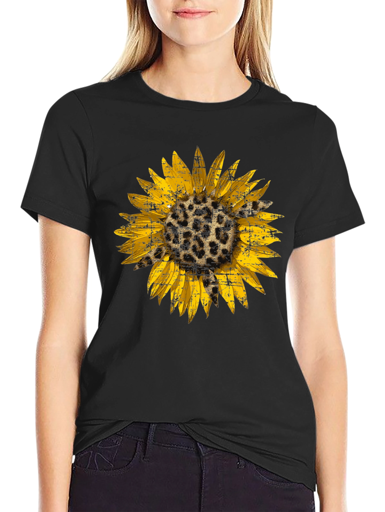 Leopard Sunflower Graphic Tee - Black