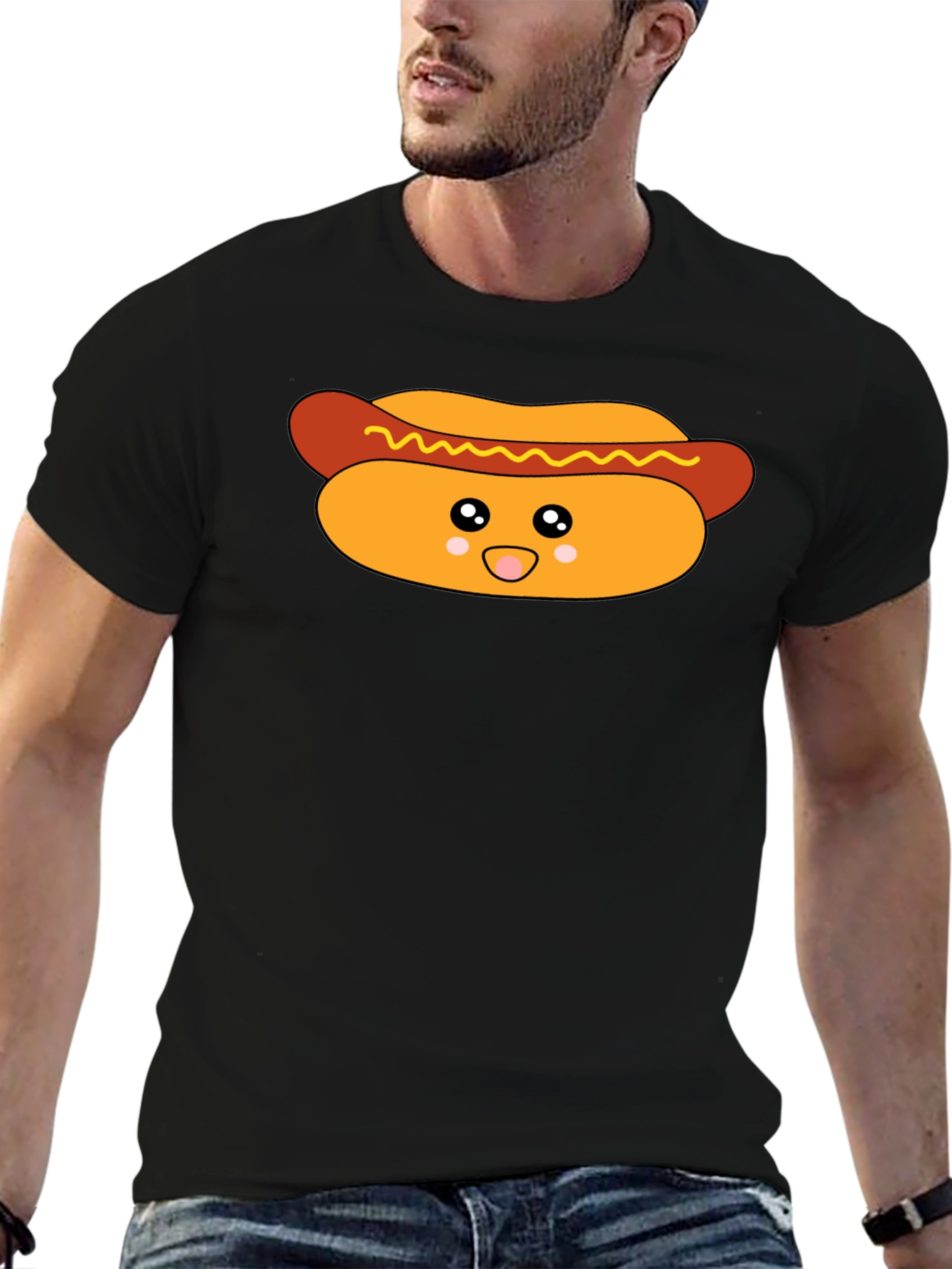 Cute Hot Dog Graphic T-Shirt - Black