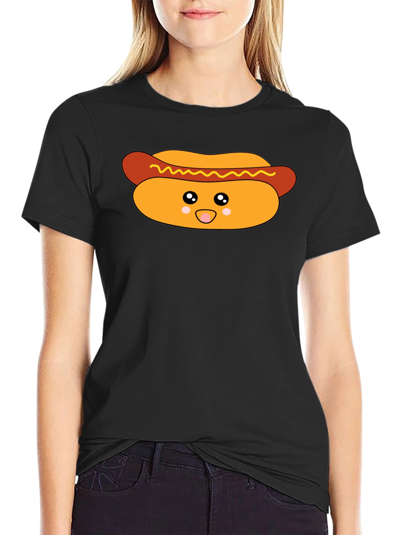 Cute Hot Dog Graphic T-Shirt - Black