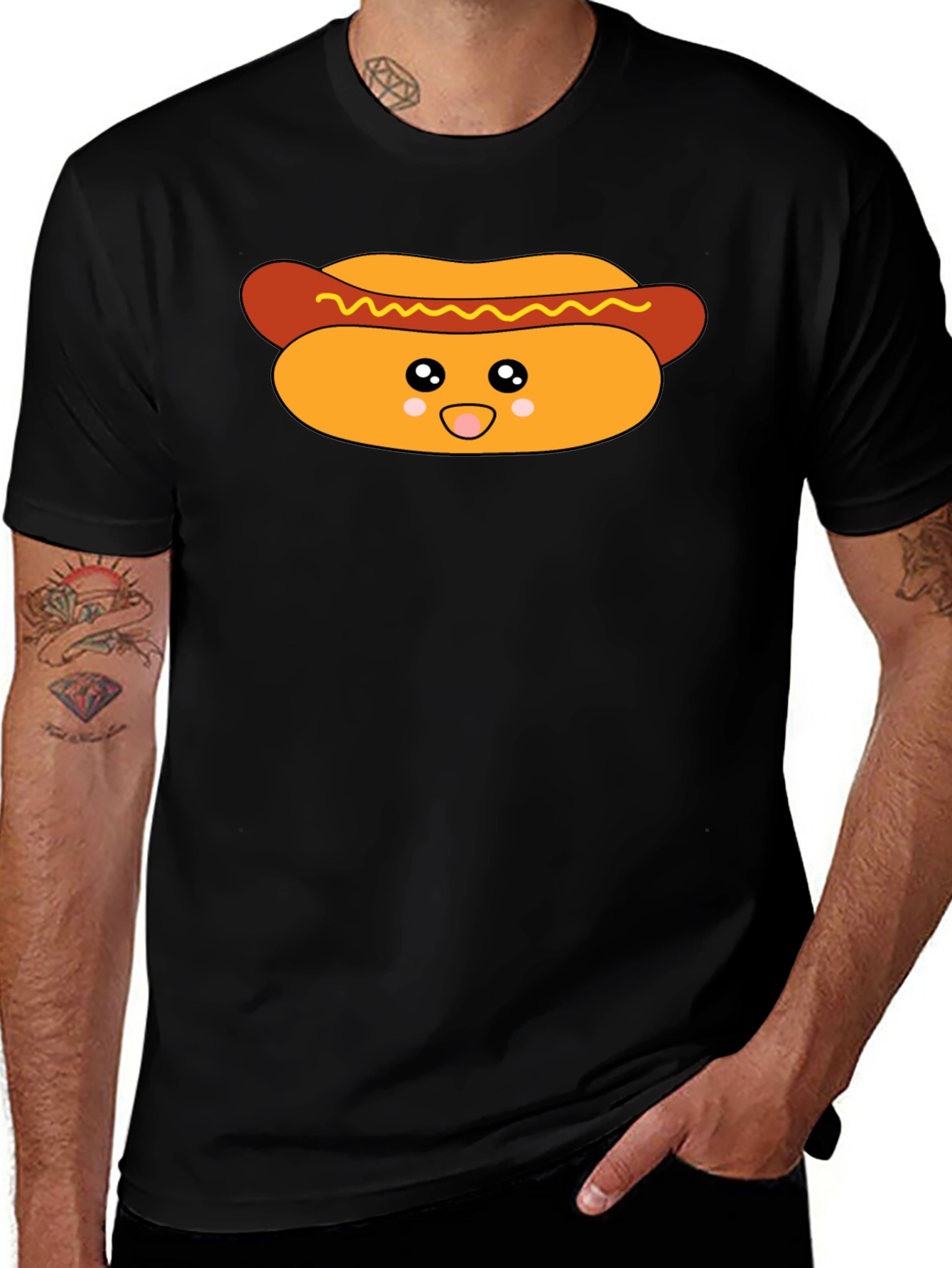 Cute Hot Dog Graphic T-Shirt - Black
