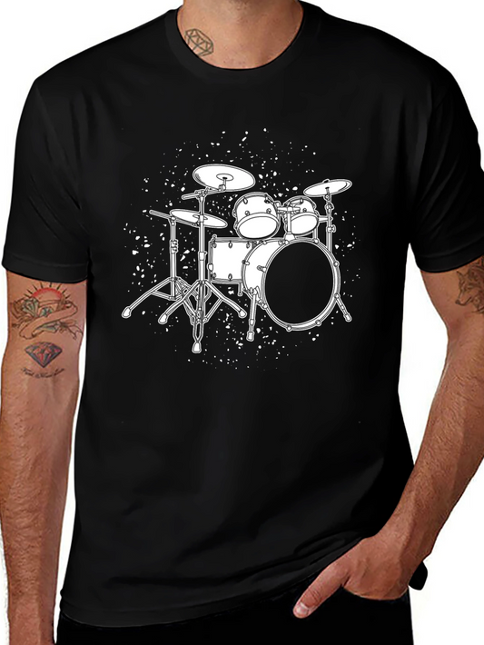Drum Set T-Shirt - Black Graphic Tee for Music Lovers