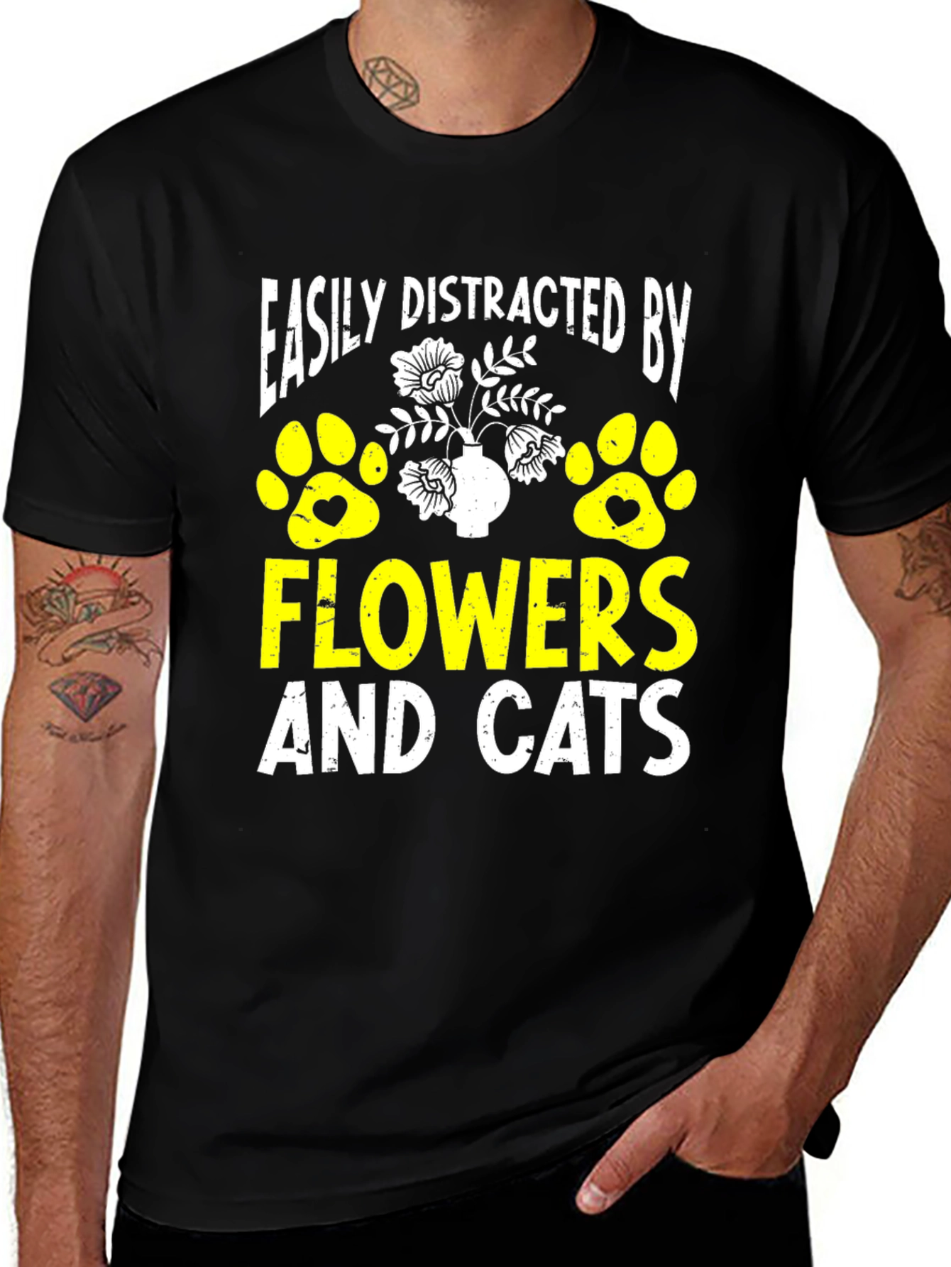Easily Distracted By Flowers & Cats Graphic T-Shirt