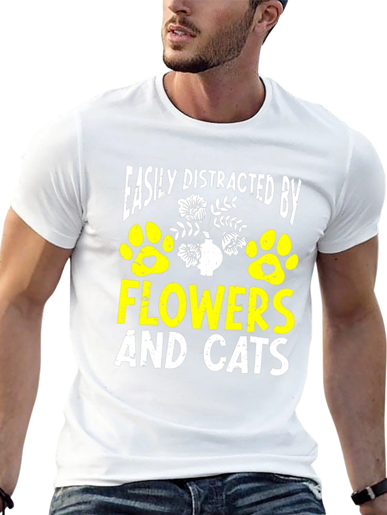 Easily Distracted By Flowers & Cats Graphic T-Shirt