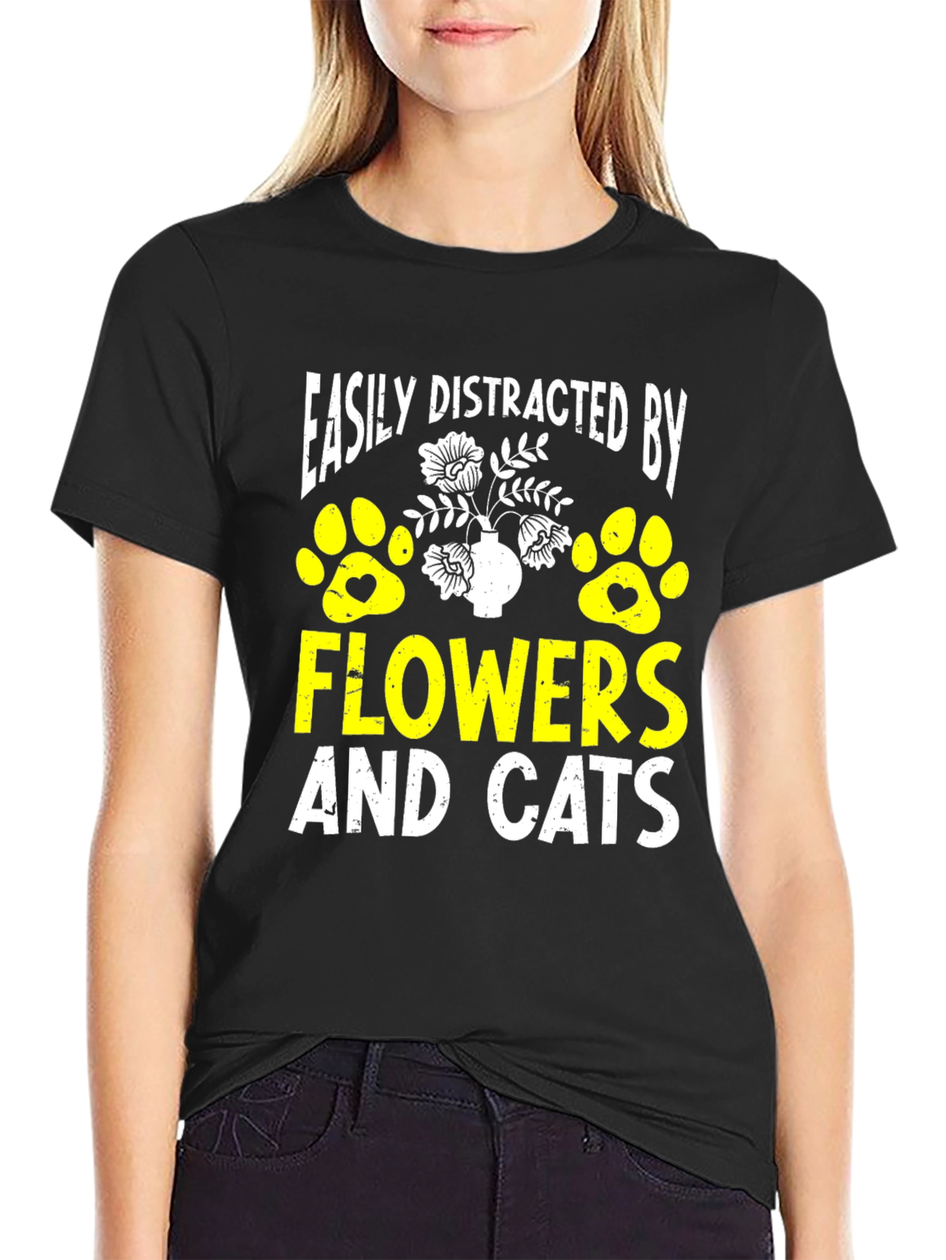 Easily Distracted By Flowers & Cats Graphic T-Shirt