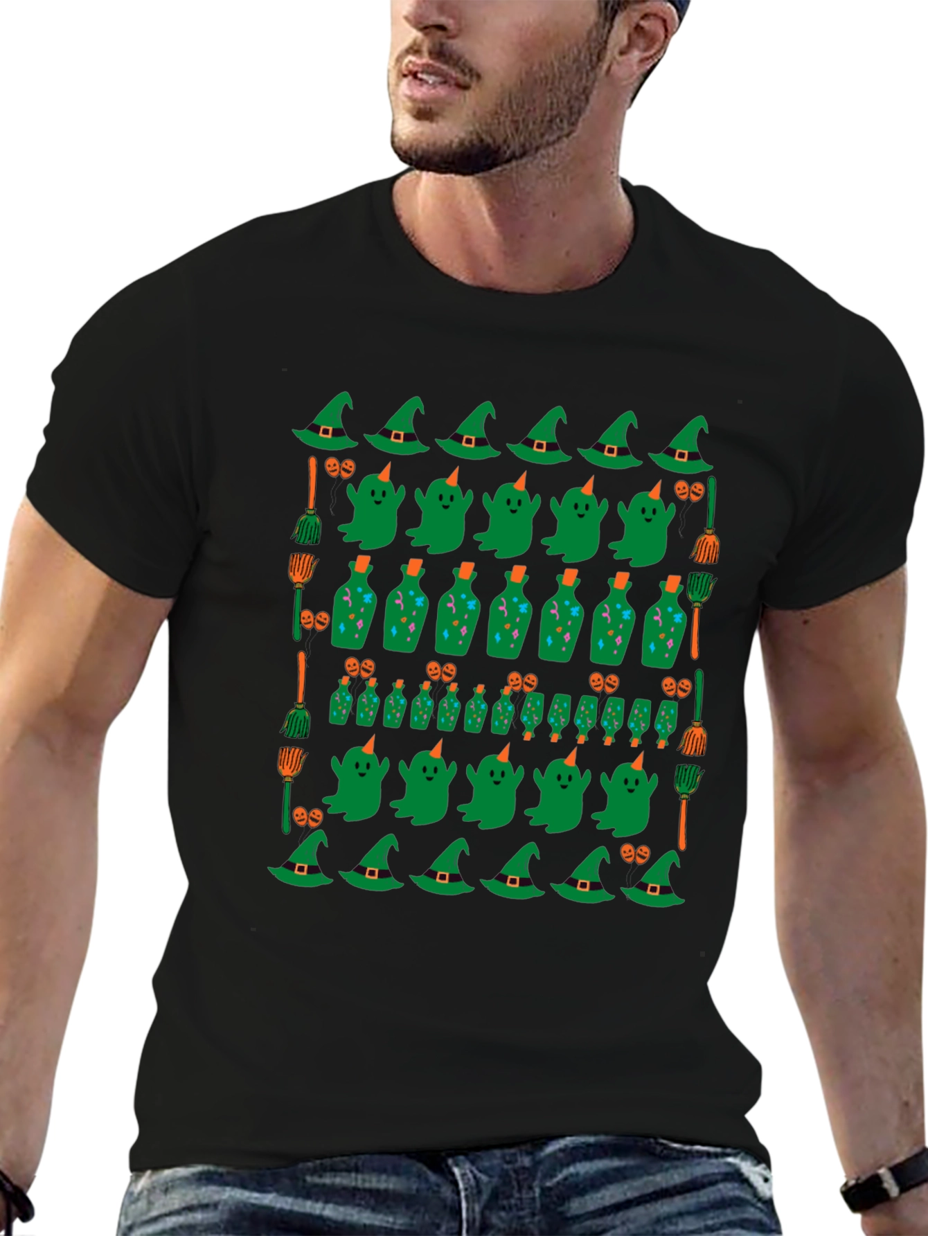 Halloween Pattern T-Shirt - Witch Ghost and Potion Design