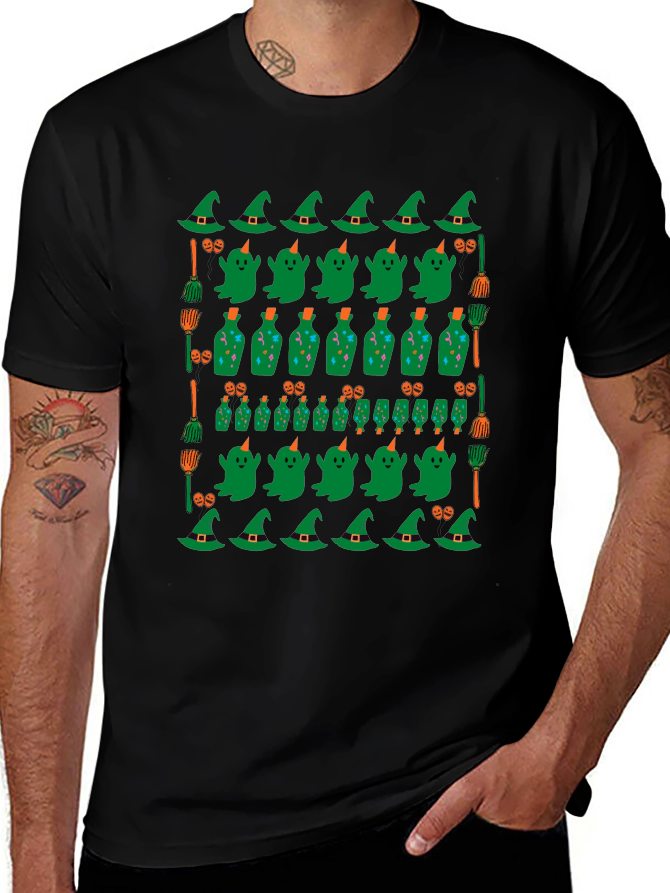 Halloween Pattern T-Shirt - Witch Ghost and Potion Design