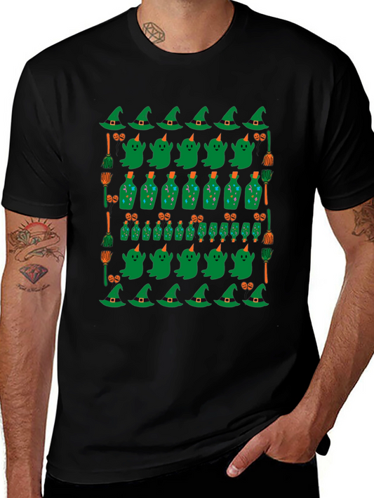 Halloween Pattern T-Shirt - Witch Ghost and Potion Design