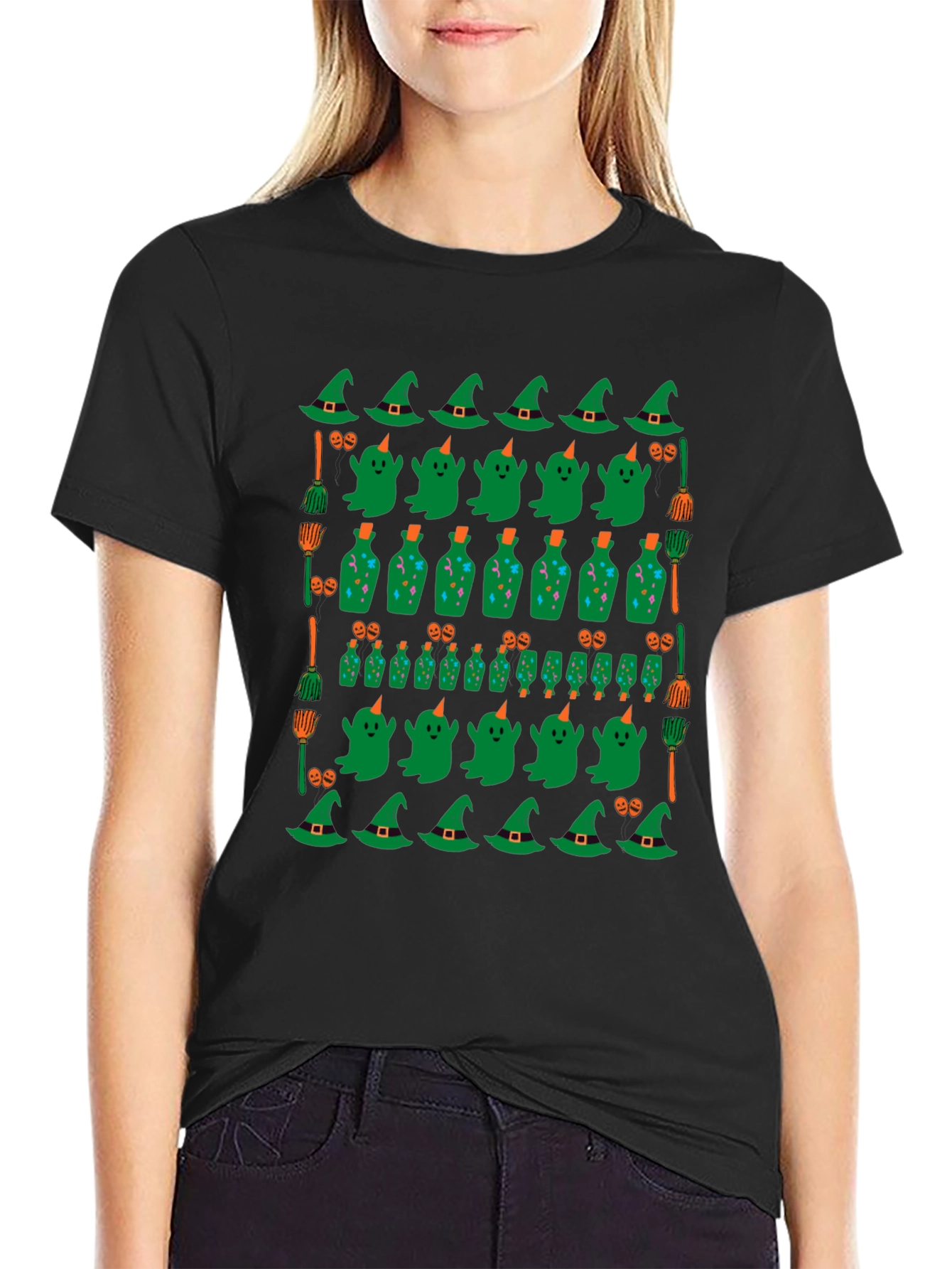 Halloween Pattern T-Shirt - Witch Ghost and Potion Design