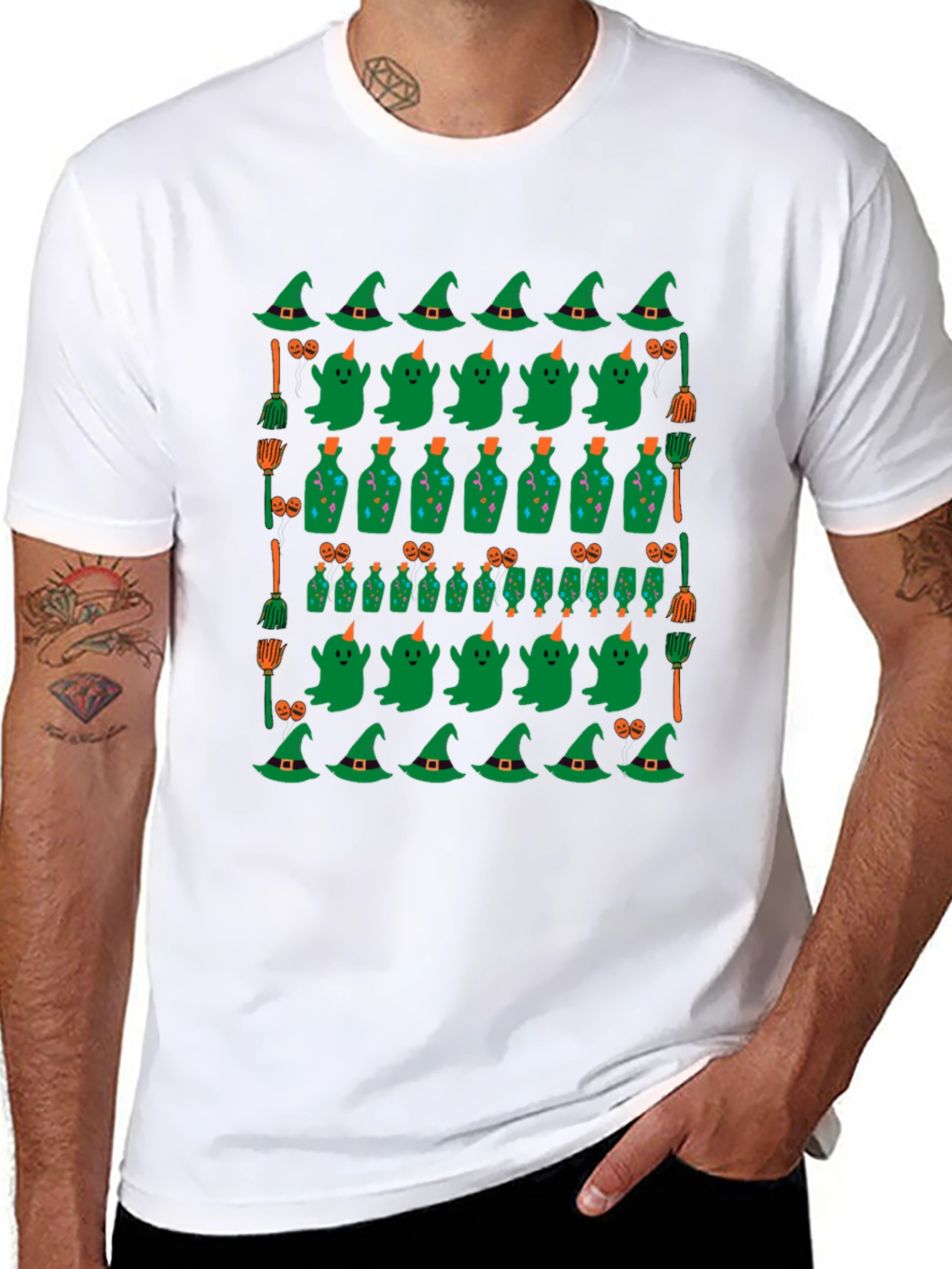 Halloween Pattern T-Shirt - Witch Ghost and Potion Design