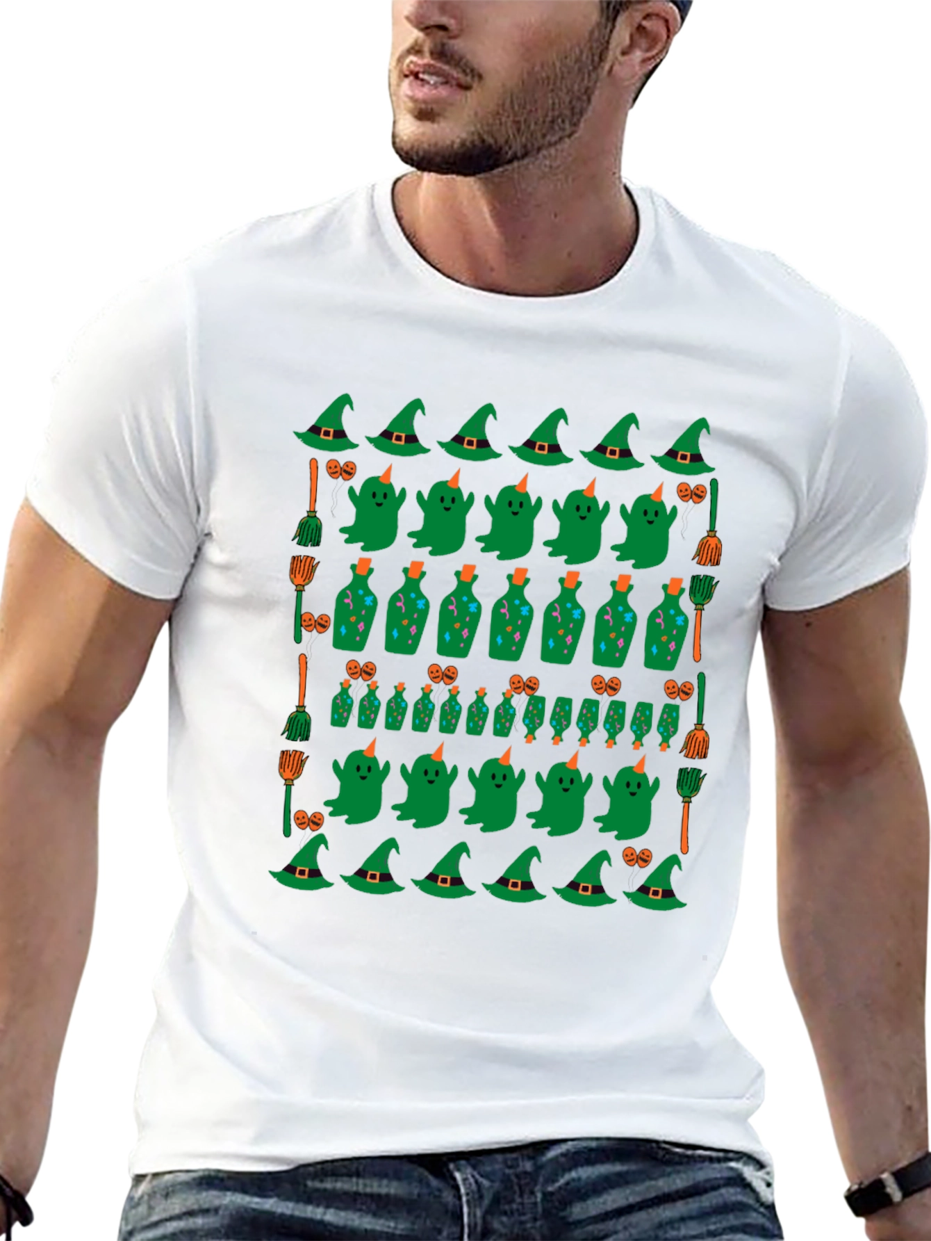 Halloween Pattern T-Shirt - Witch Ghost and Potion Design