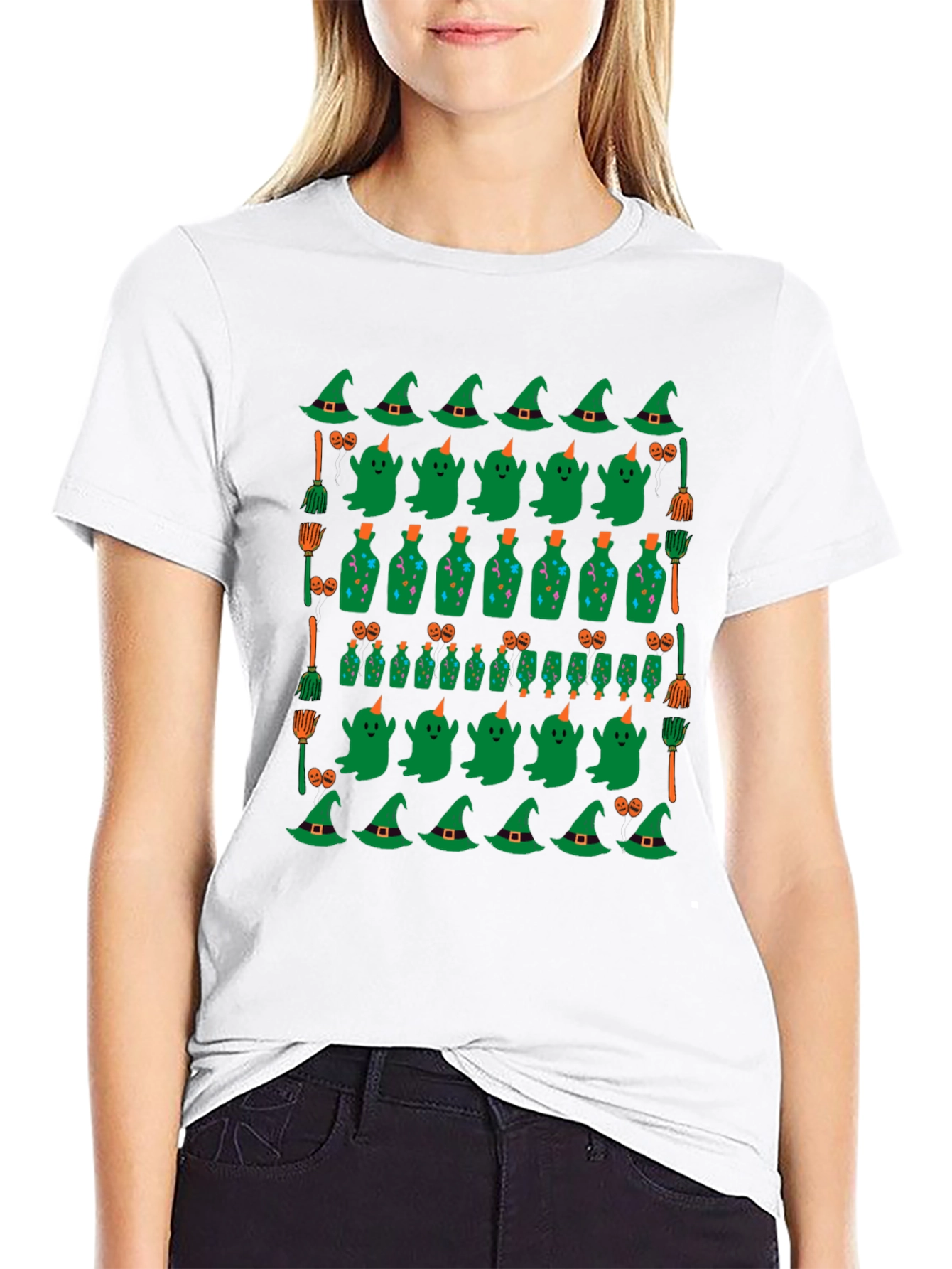 Halloween Pattern T-Shirt - Witch Ghost and Potion Design