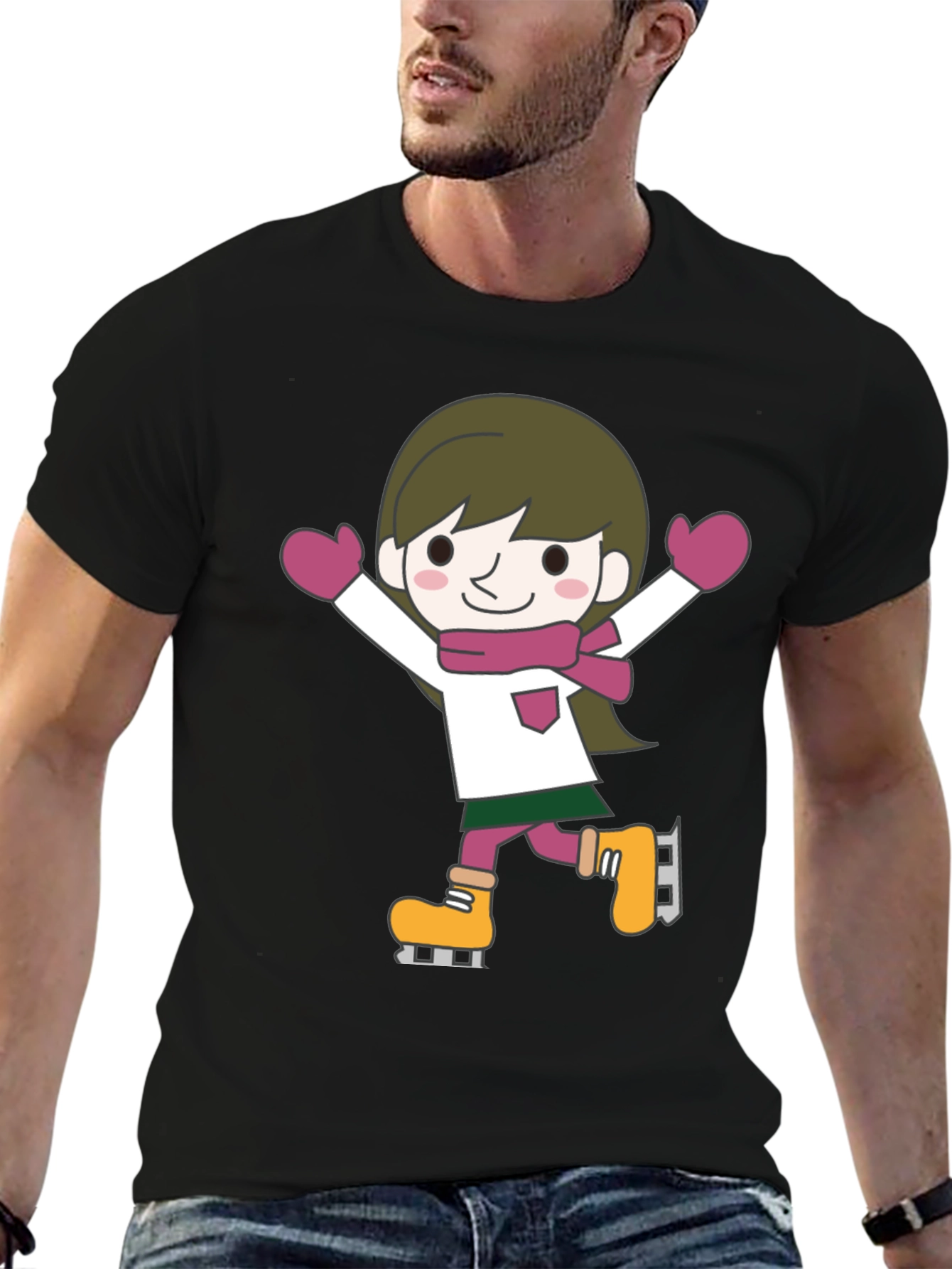 Cute Cartoon Skater Graphic Tee - Black