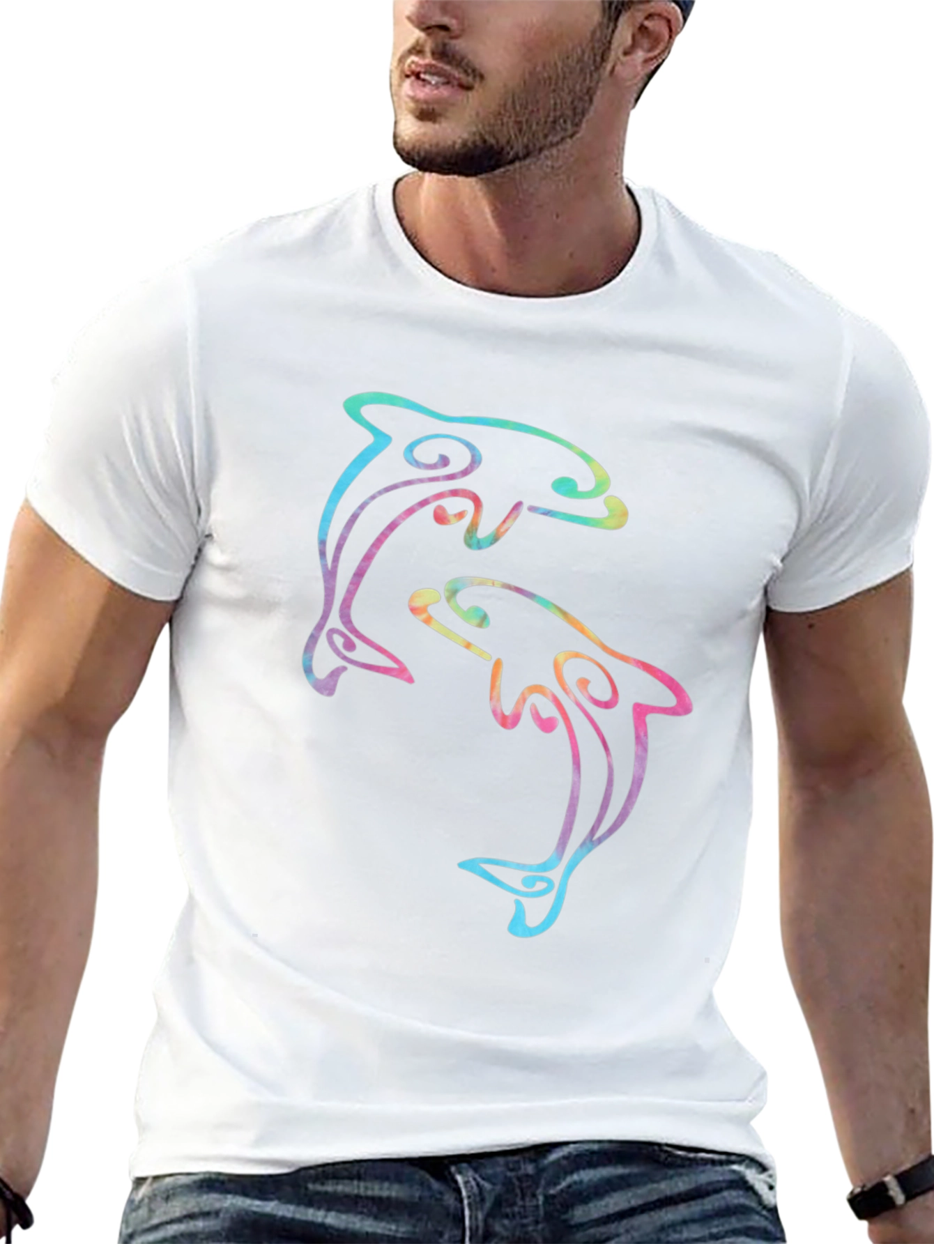 Rainbow Dolphin Graphic Black T-Shirt