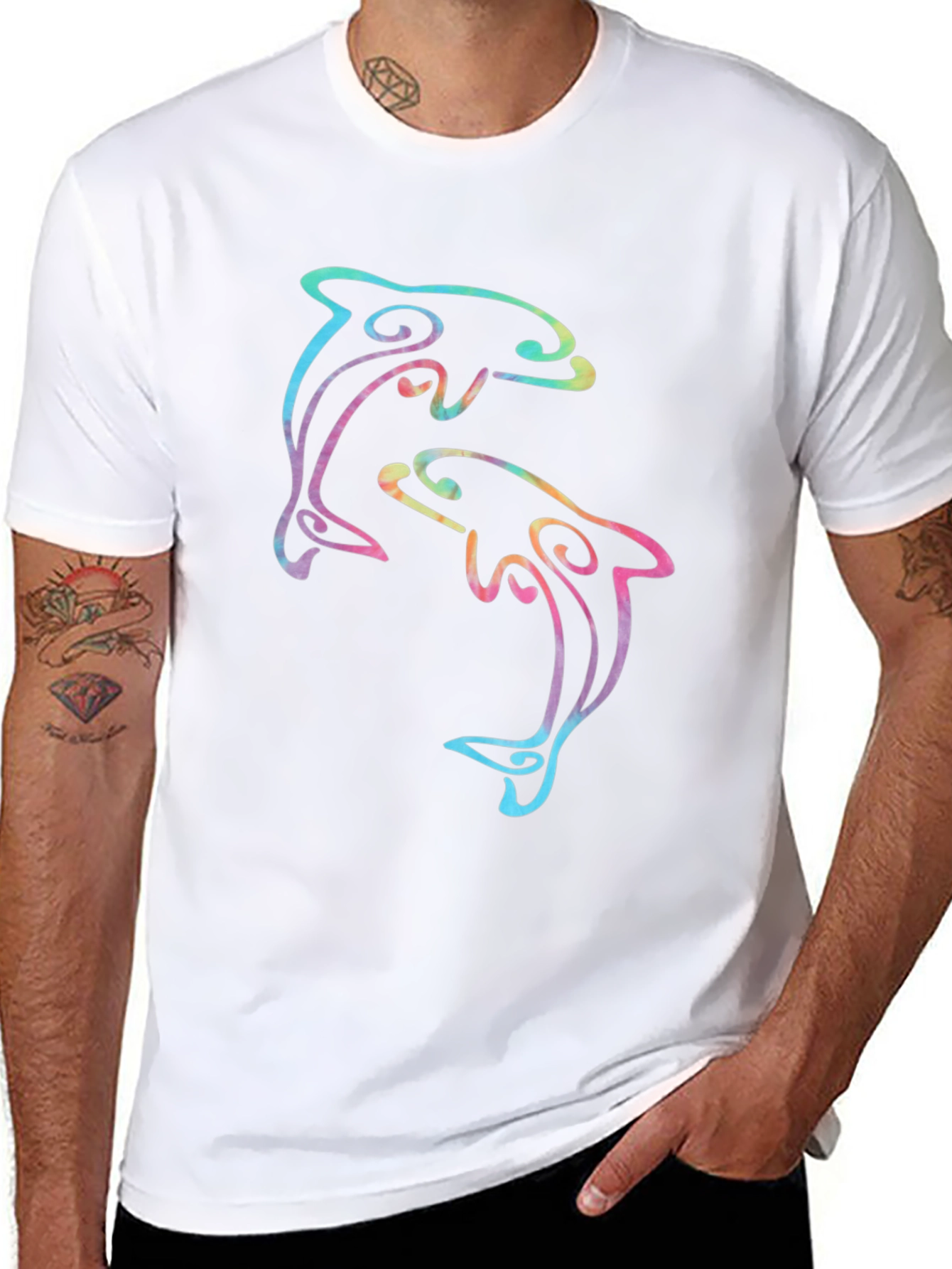 Rainbow Dolphin Graphic Black T-Shirt