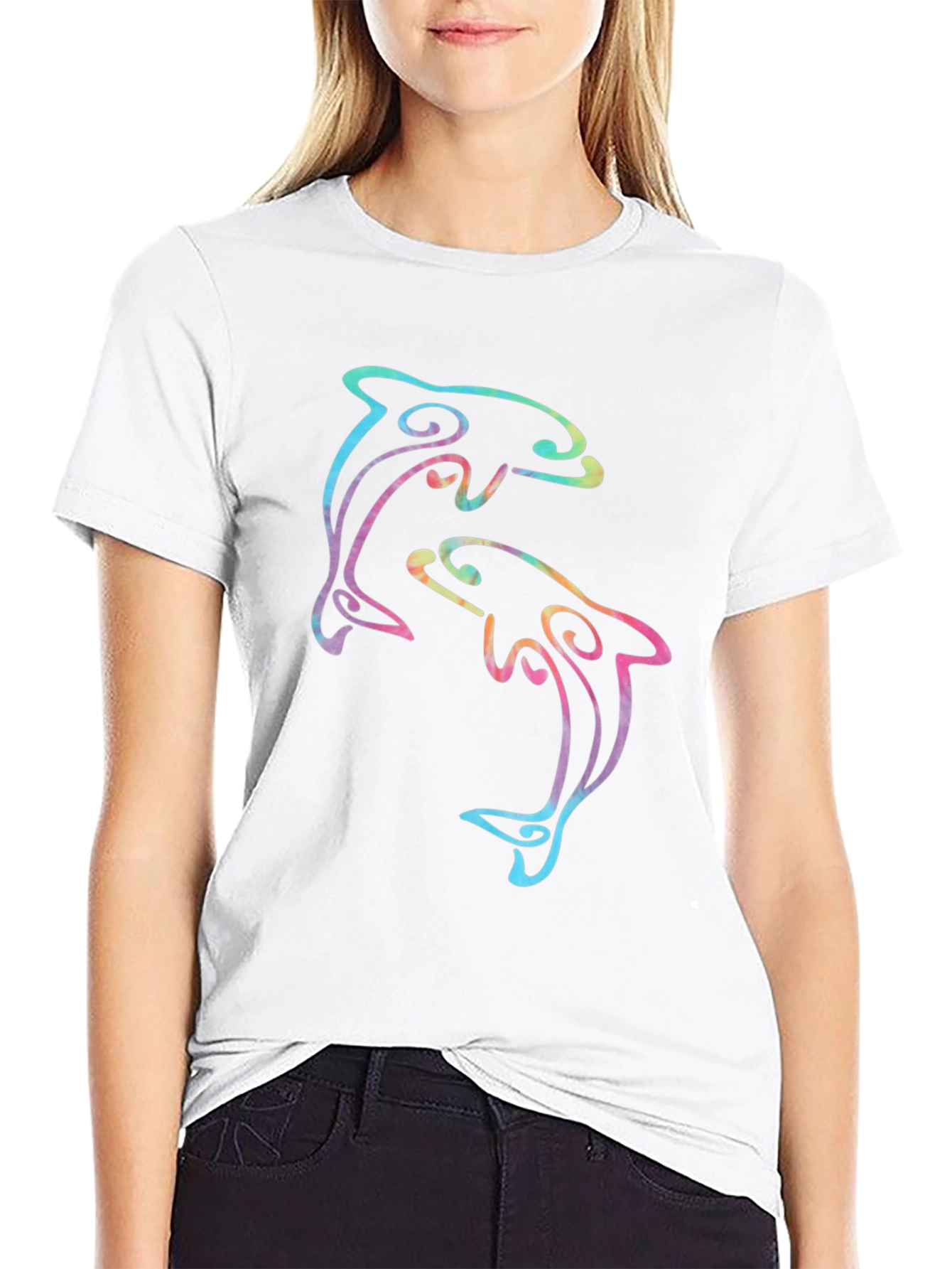 Rainbow Dolphin Graphic Black T-Shirt