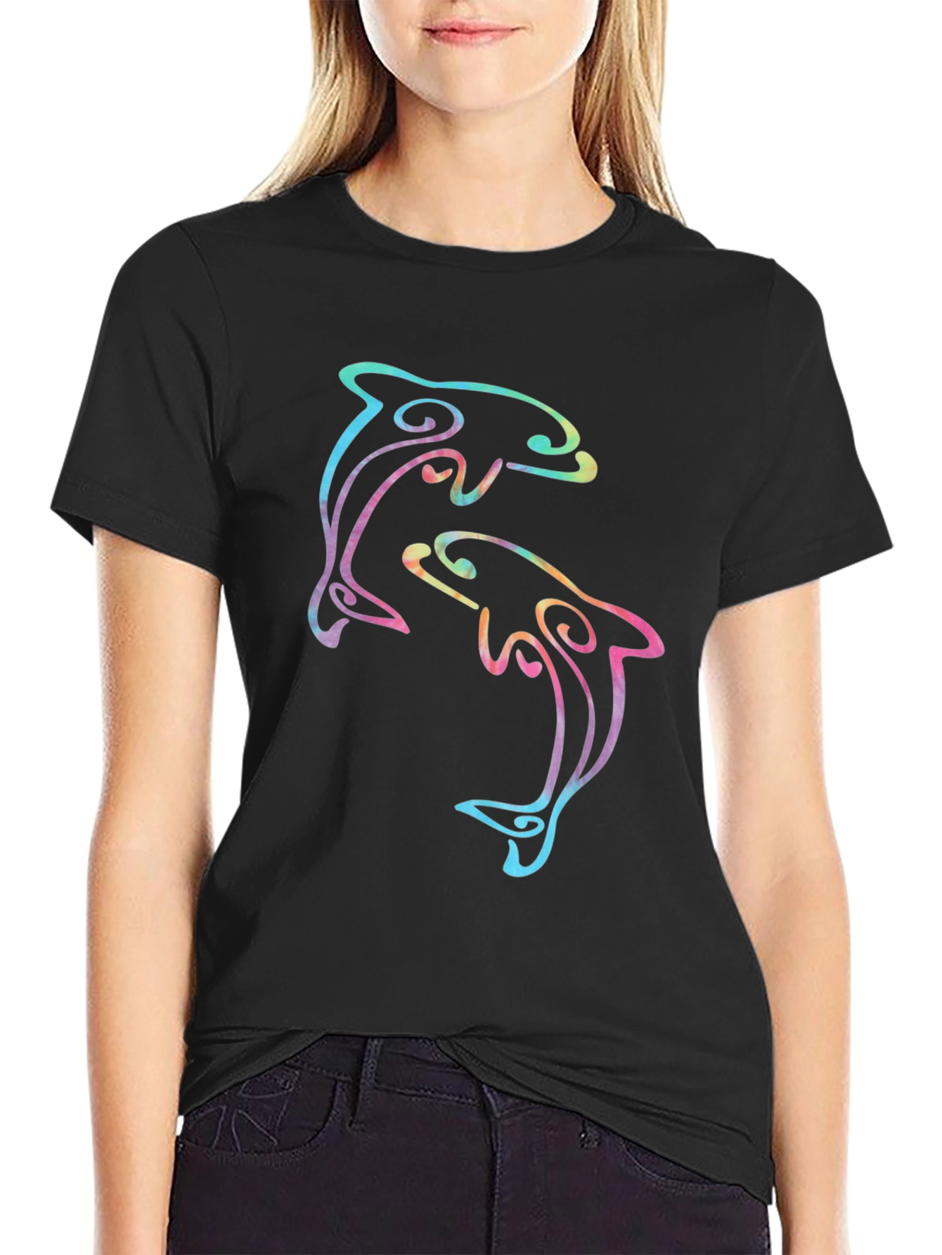 Rainbow Dolphin Graphic Black T-Shirt