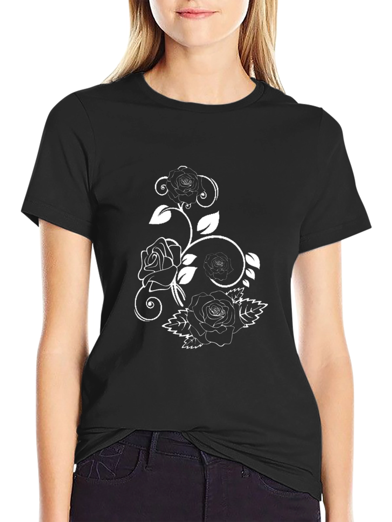 Black T-Shirt with Rose Design