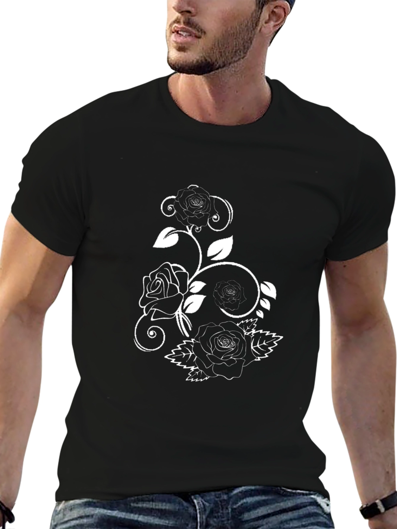Black T-Shirt with Rose Design