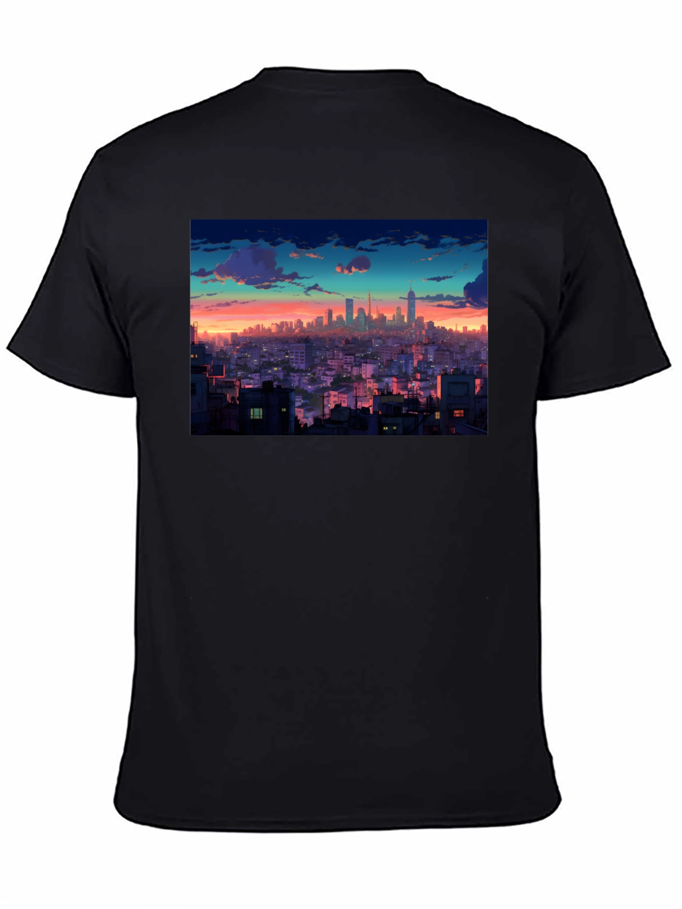 Sunset Cityscape Graphic Tee - Black Cotton T-Shirt