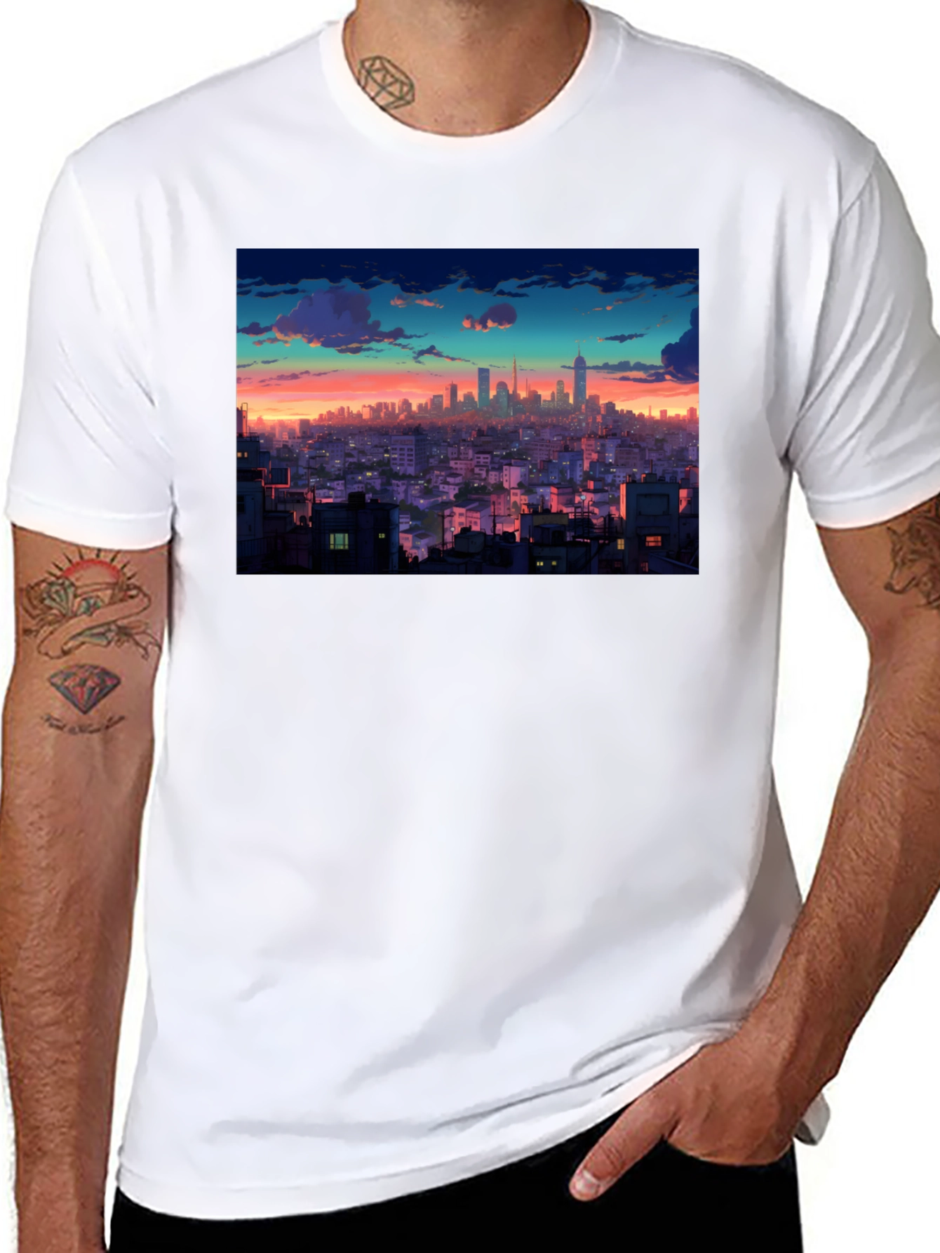 Sunset Cityscape Graphic Tee - Black Cotton T-Shirt