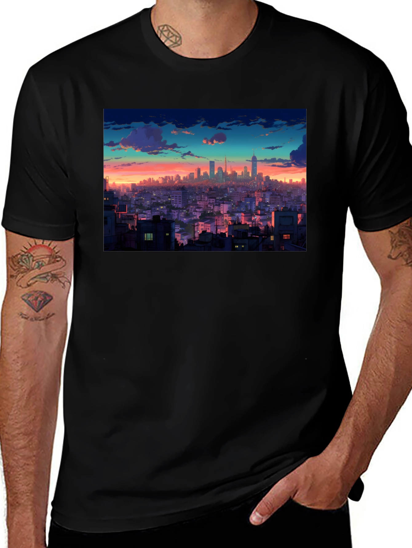 Sunset Cityscape Graphic Tee - Black Cotton T-Shirt