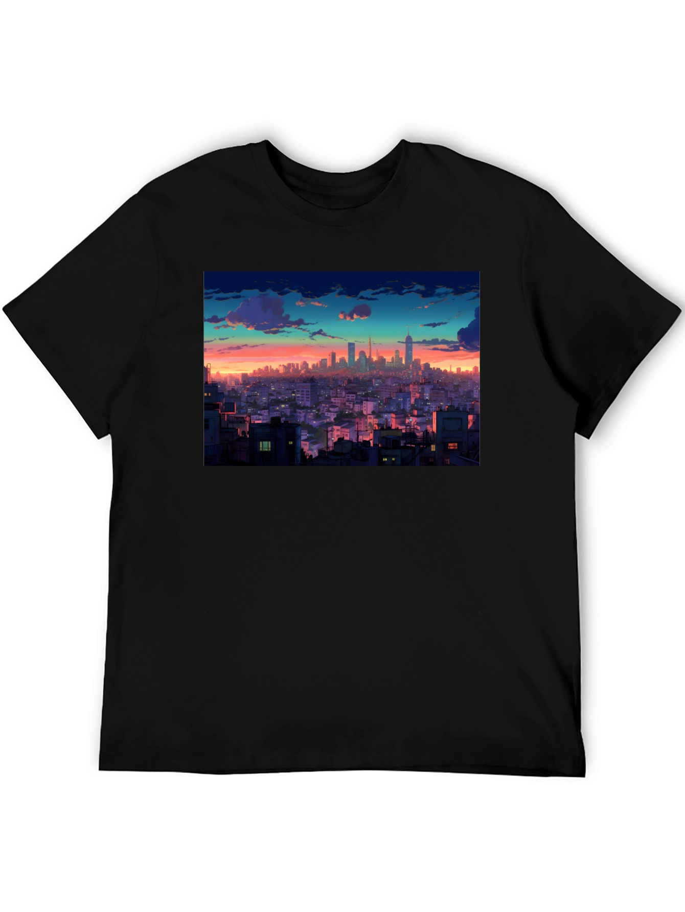 Sunset Cityscape Graphic Tee - Black Cotton T-Shirt