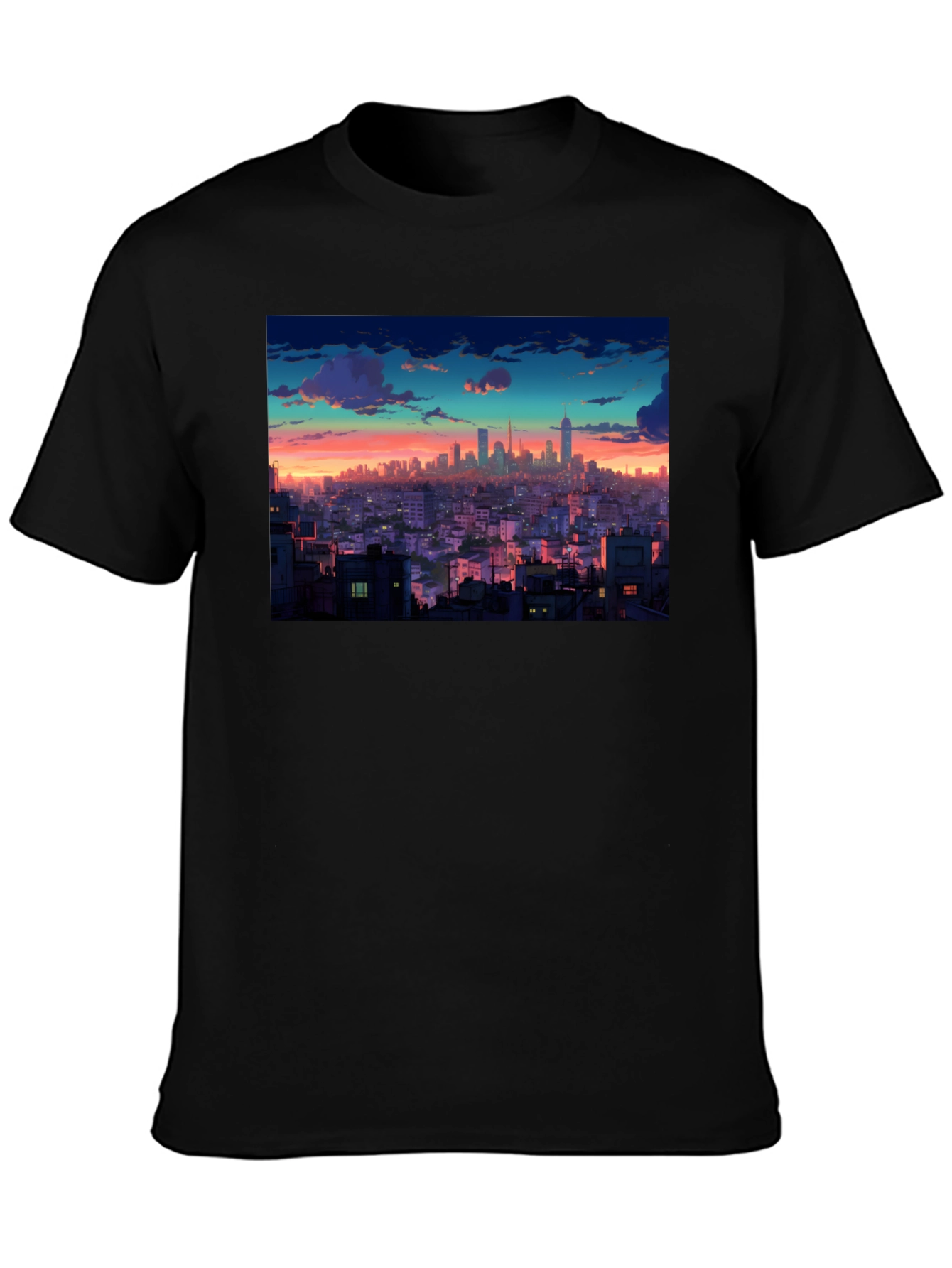 Sunset Cityscape Graphic Tee - Black Cotton T-Shirt