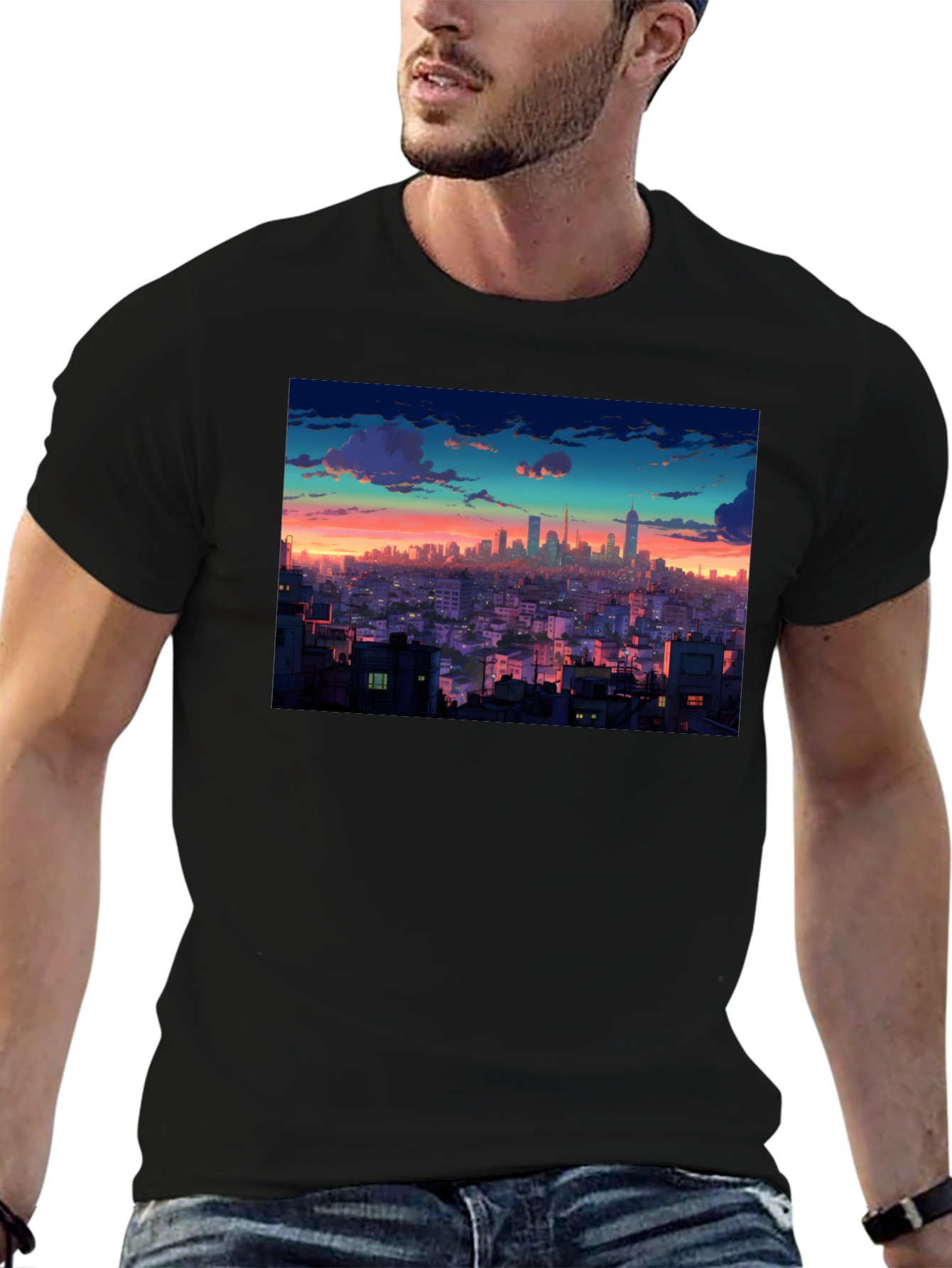 Sunset Cityscape Graphic Tee - Black Cotton T-Shirt
