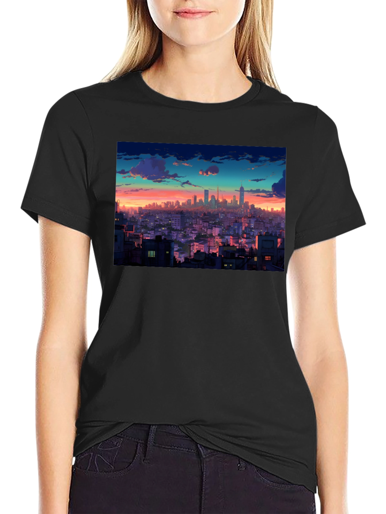 Sunset Cityscape Graphic Tee - Black Cotton T-Shirt