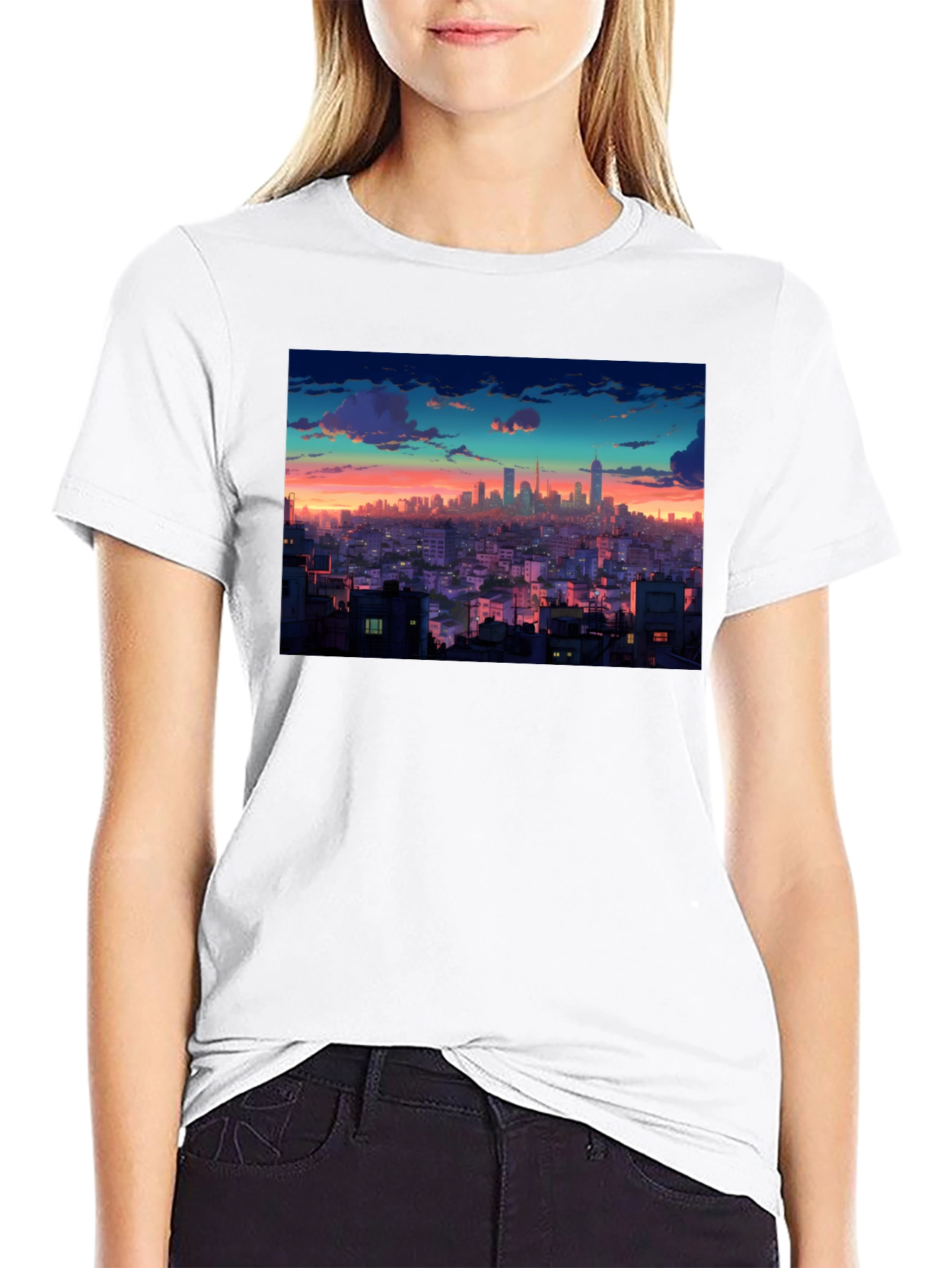 Sunset Cityscape Graphic Tee - Black Cotton T-Shirt