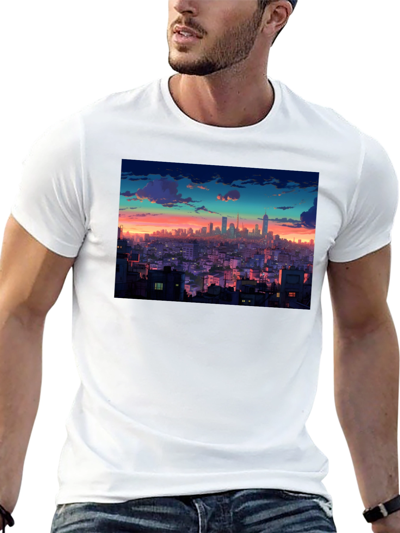 Sunset Cityscape Graphic Tee - Black Cotton T-Shirt