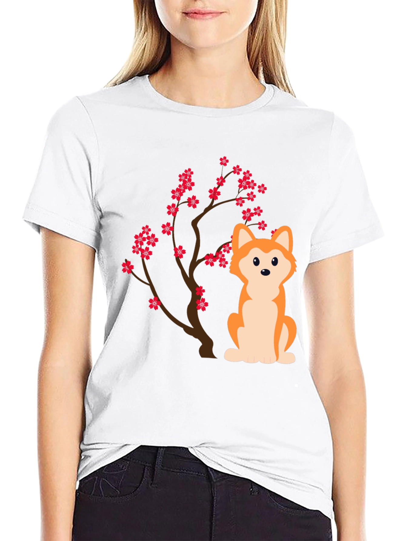 Dog & Cherry Blossom T-Shirt - Black