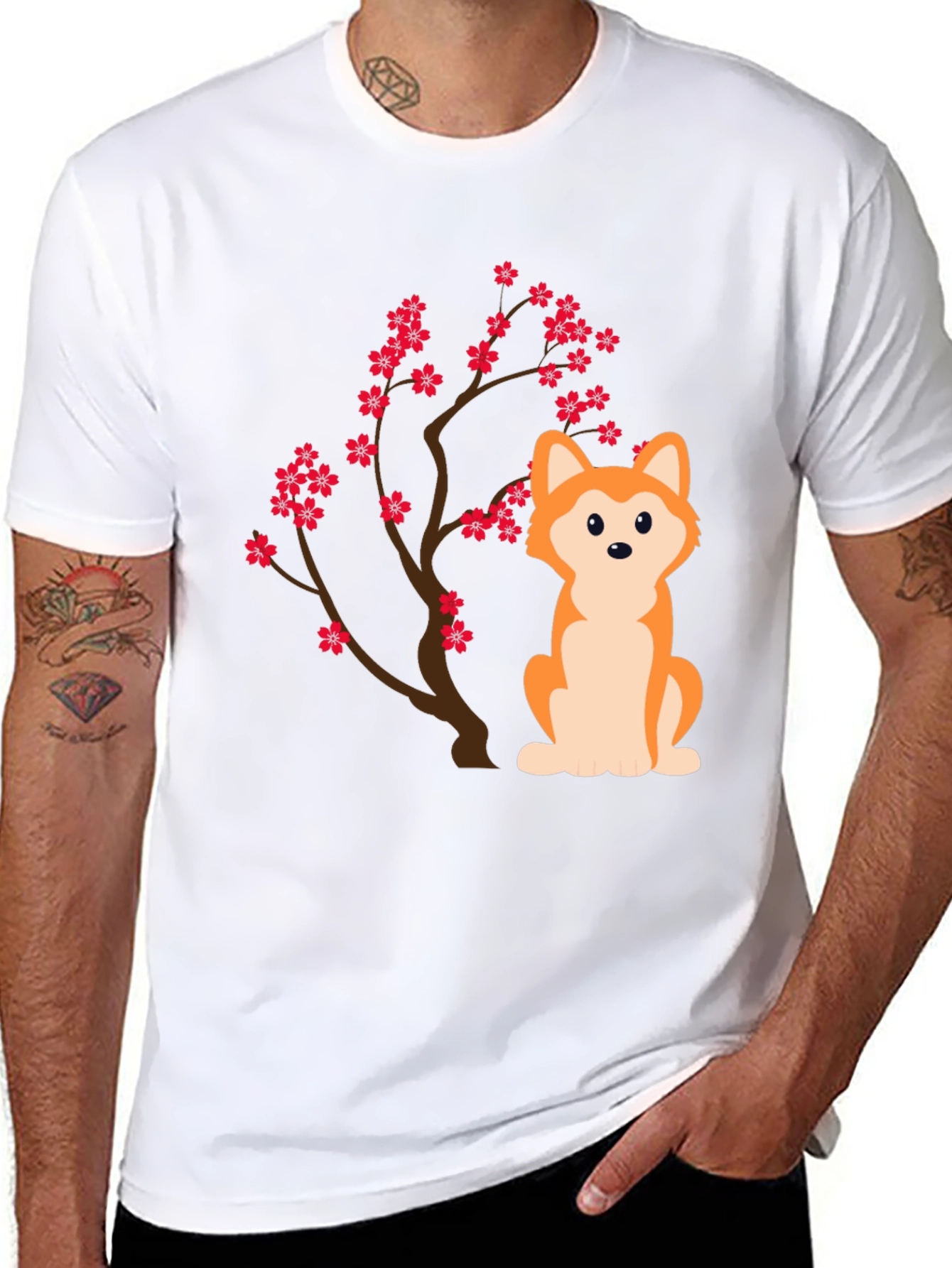 Dog & Cherry Blossom T-Shirt - Black