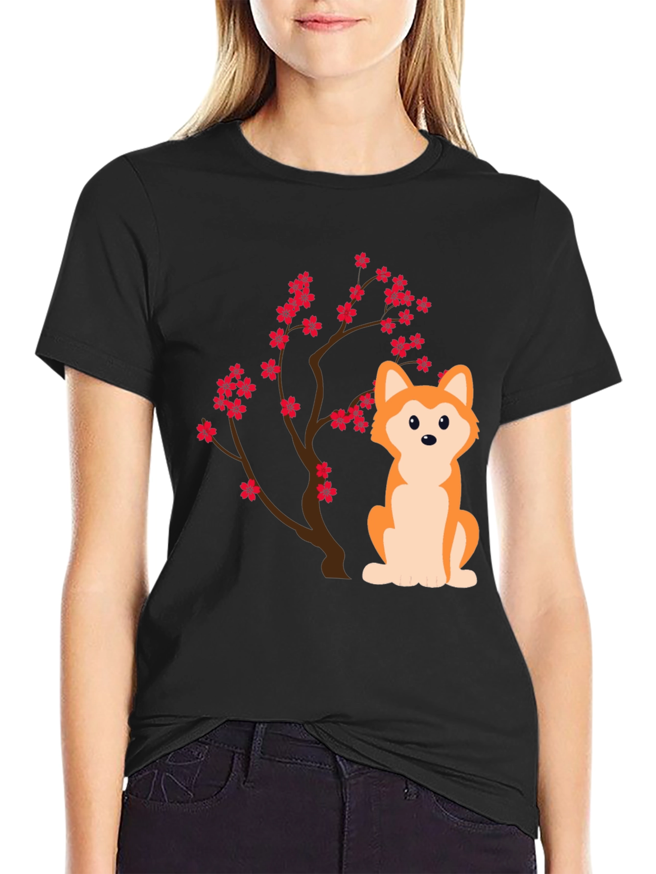 Dog & Cherry Blossom T-Shirt - Black
