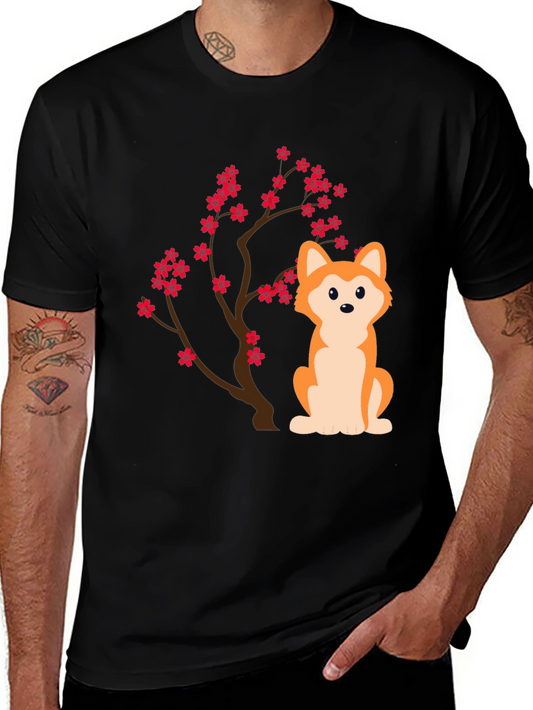 Dog & Cherry Blossom T-Shirt - Black