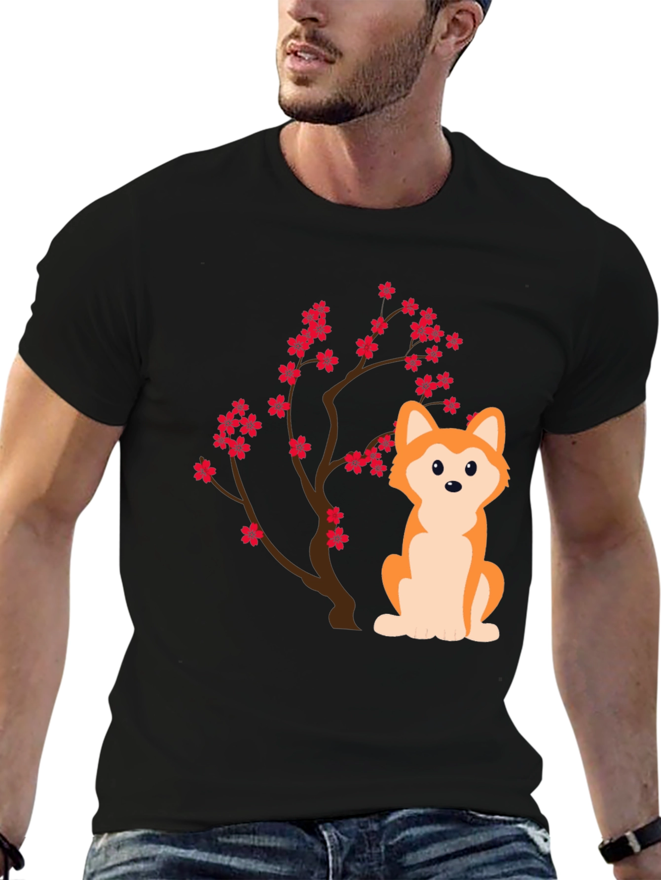 Dog & Cherry Blossom T-Shirt - Black