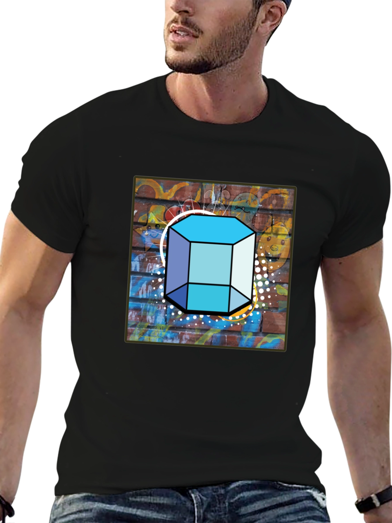 Abstract Brick Wall Cube Graphic Mens Black T-Shirt