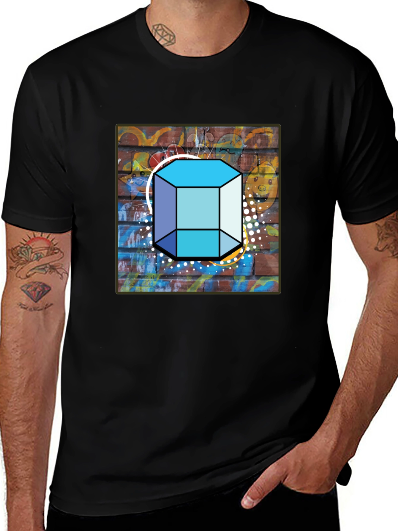 Abstract Brick Wall Cube Graphic Mens Black T-Shirt