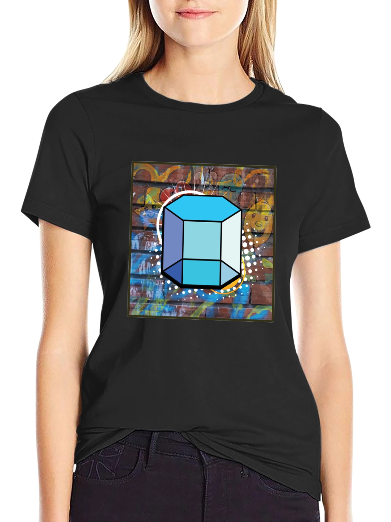 Abstract Brick Wall Cube Graphic Mens Black T-Shirt
