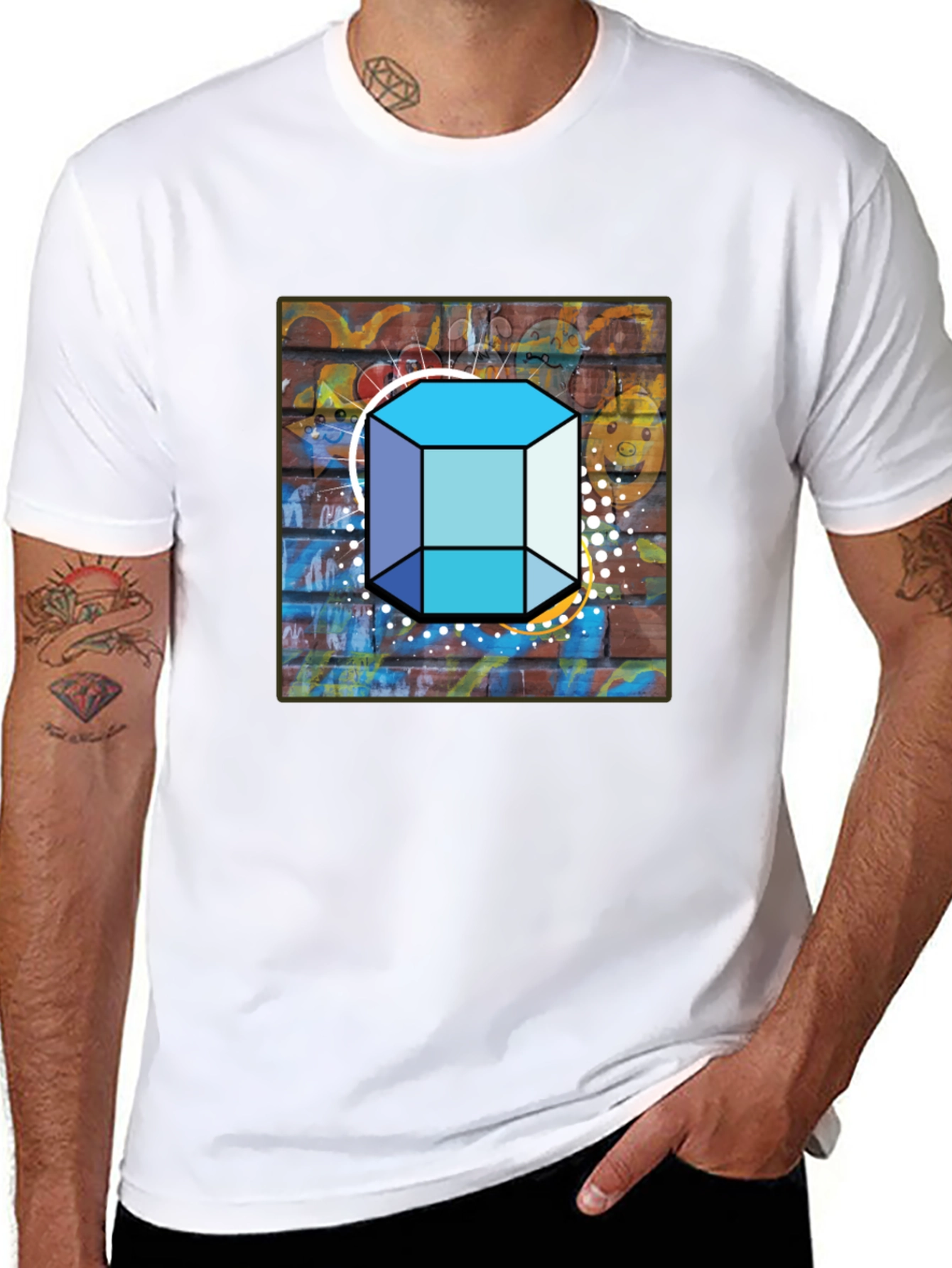 Abstract Brick Wall Cube Graphic Mens Black T-Shirt