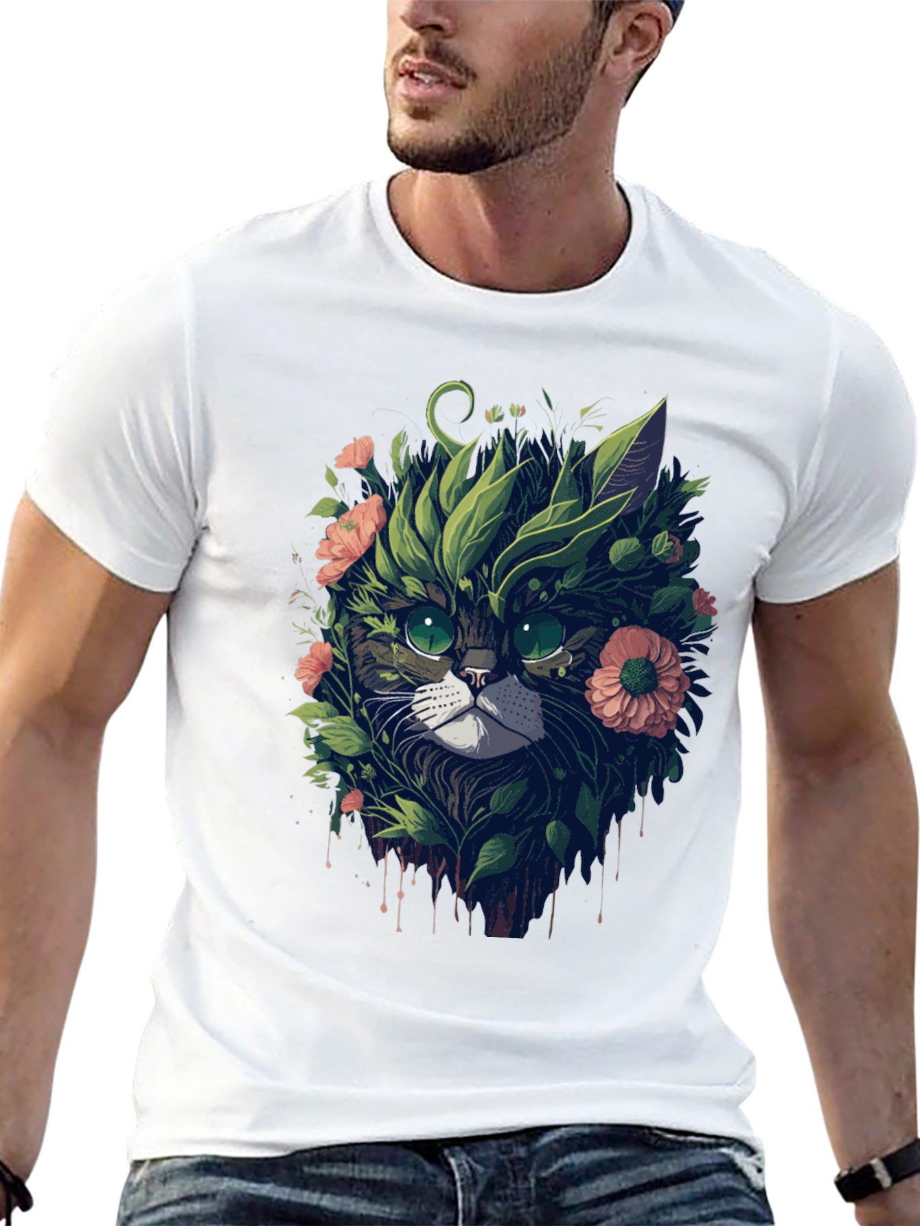 Floral Cat Graphic T-Shirt - Unique Artistic Tee