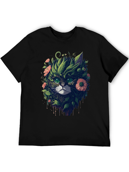 Floral Cat Graphic T-Shirt - Unique Artistic Tee