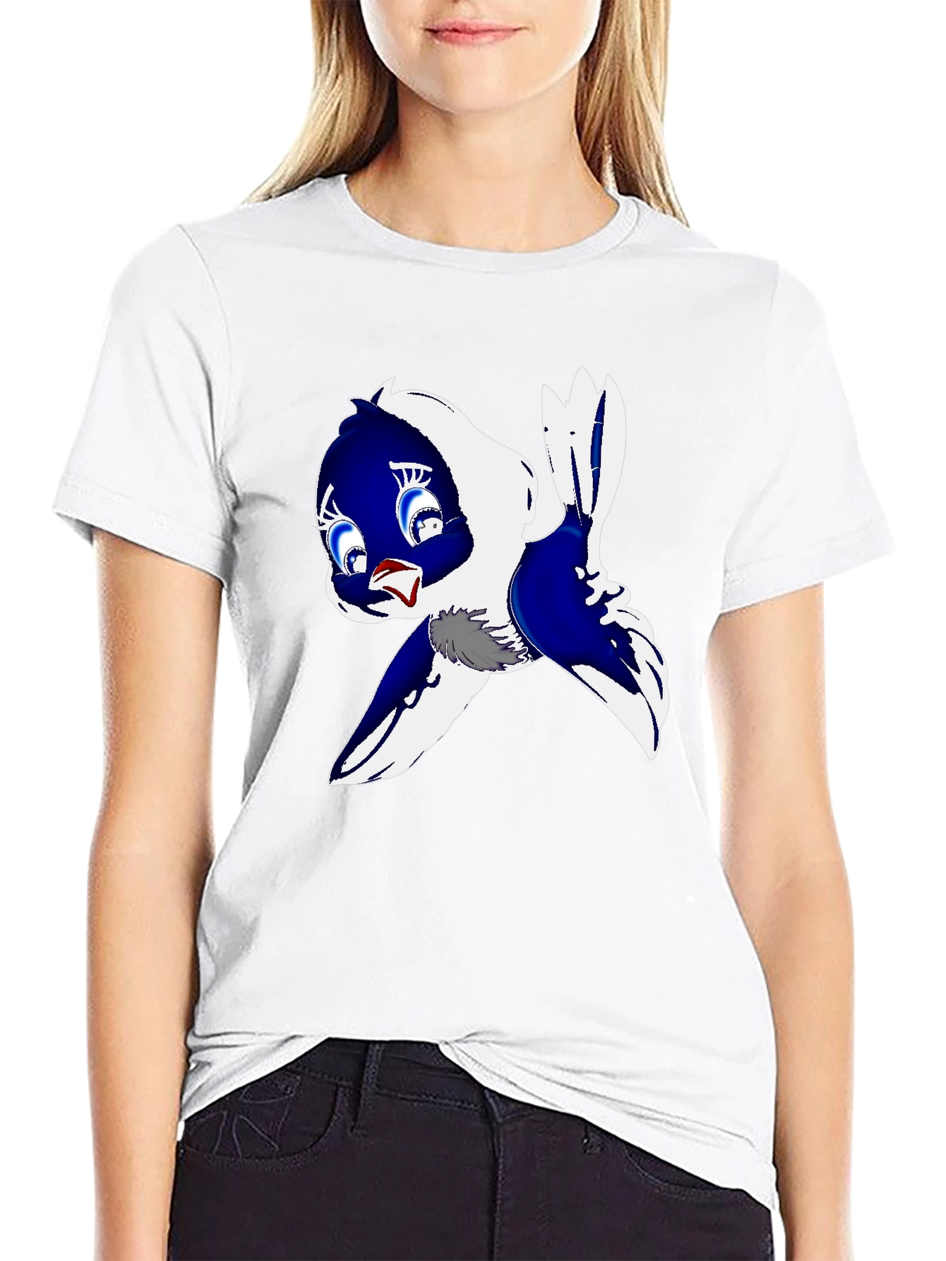 Cartoon Bird Print Black T-Shirt