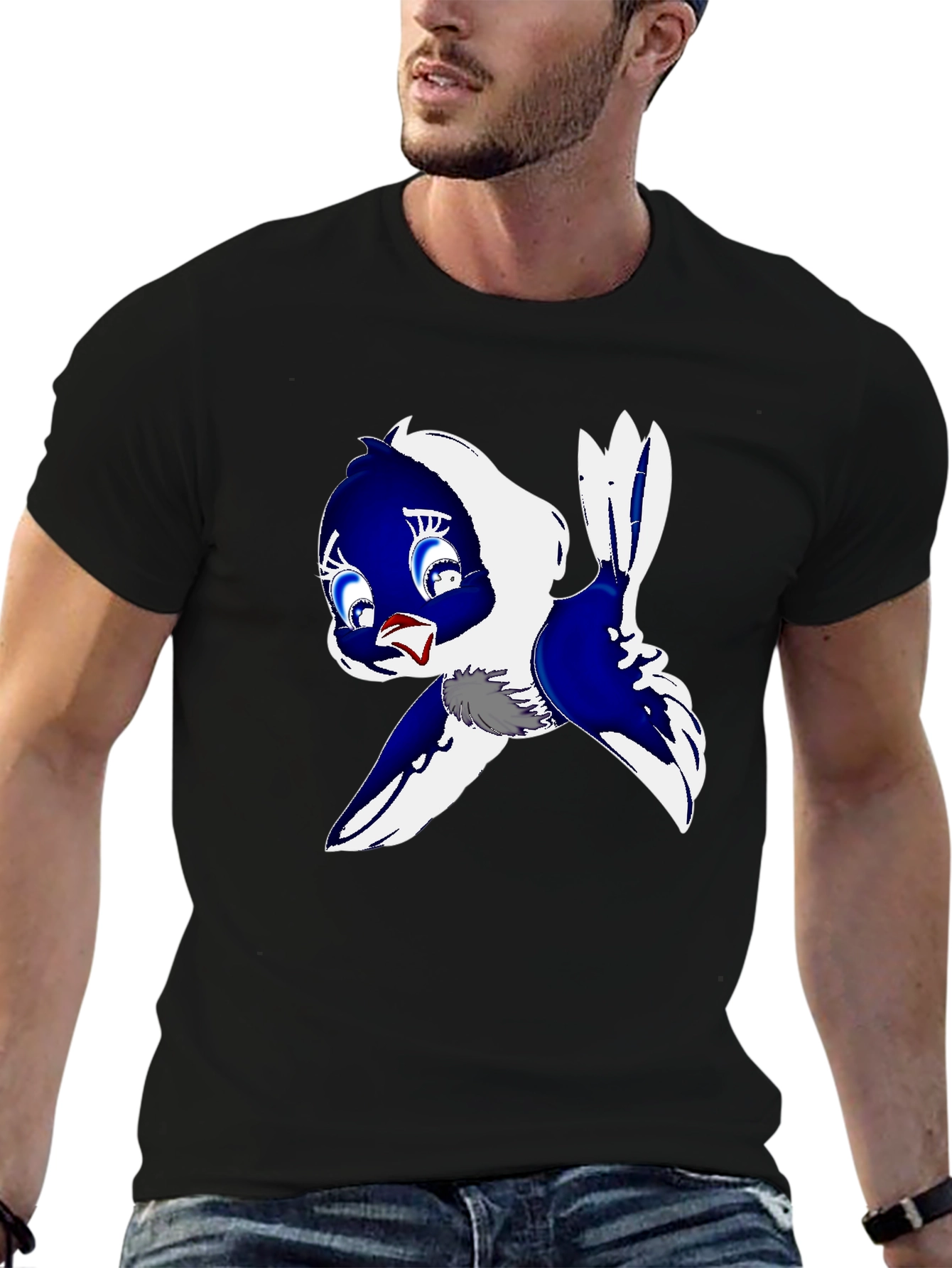 Cartoon Bird Print Black T-Shirt