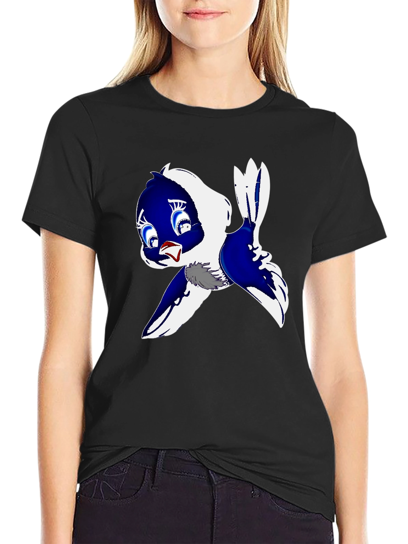 Cartoon Bird Print Black T-Shirt