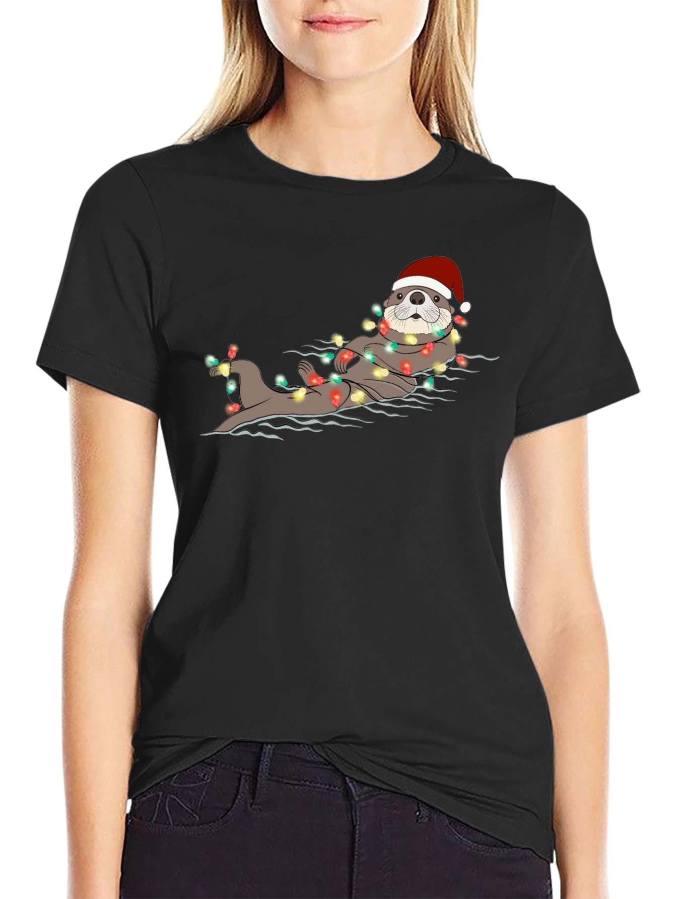 Festive Otter Christmas Lights Graphic Tee