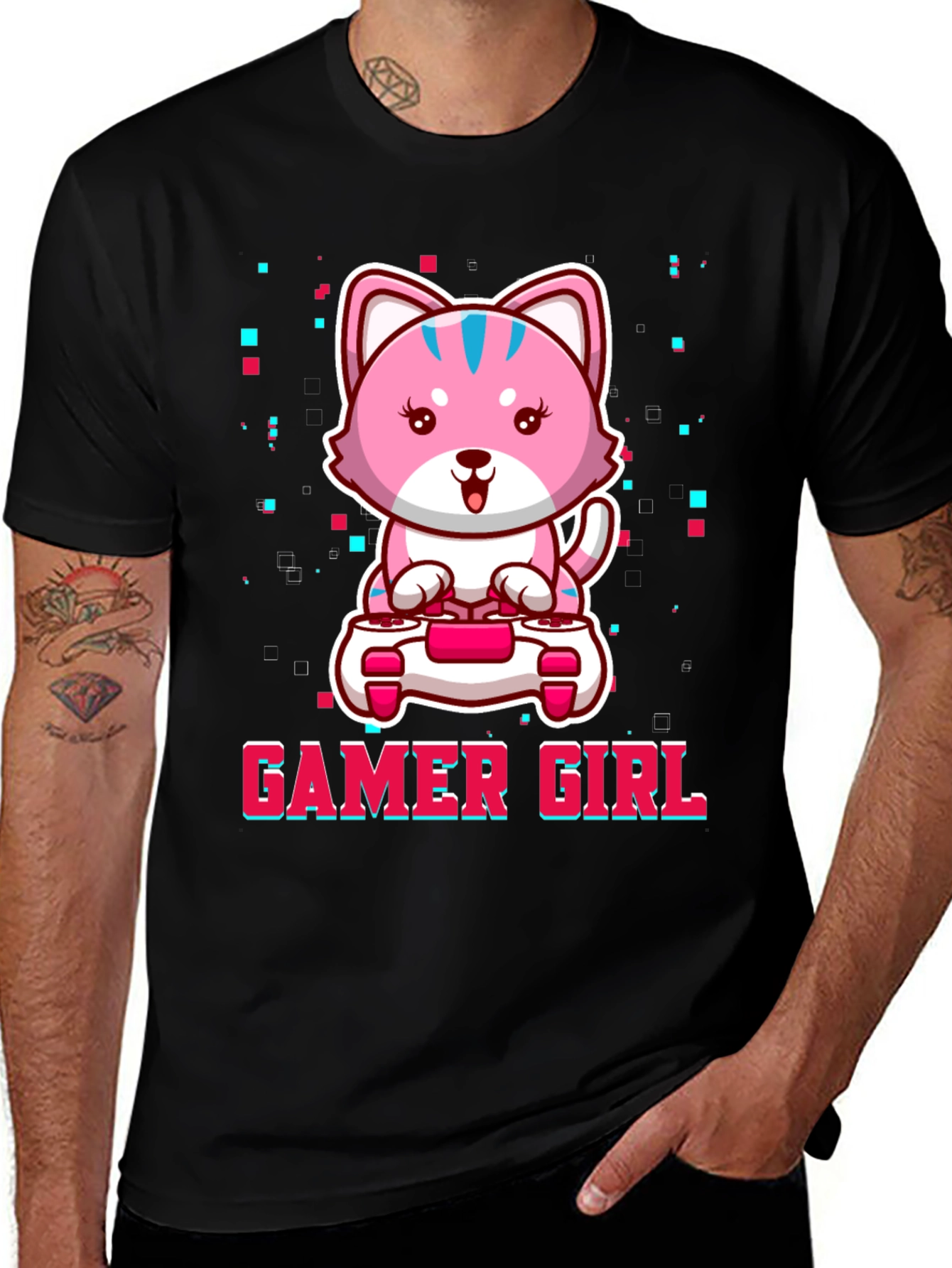 Gamer Girl Cute Pink Kitty Cat Graphic T-Shirt