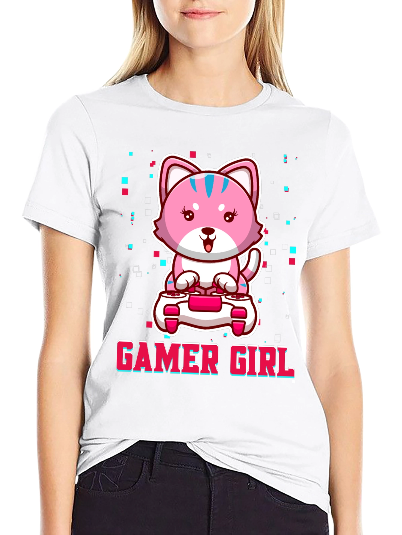 Gamer Girl Cute Pink Kitty Cat Graphic T-Shirt