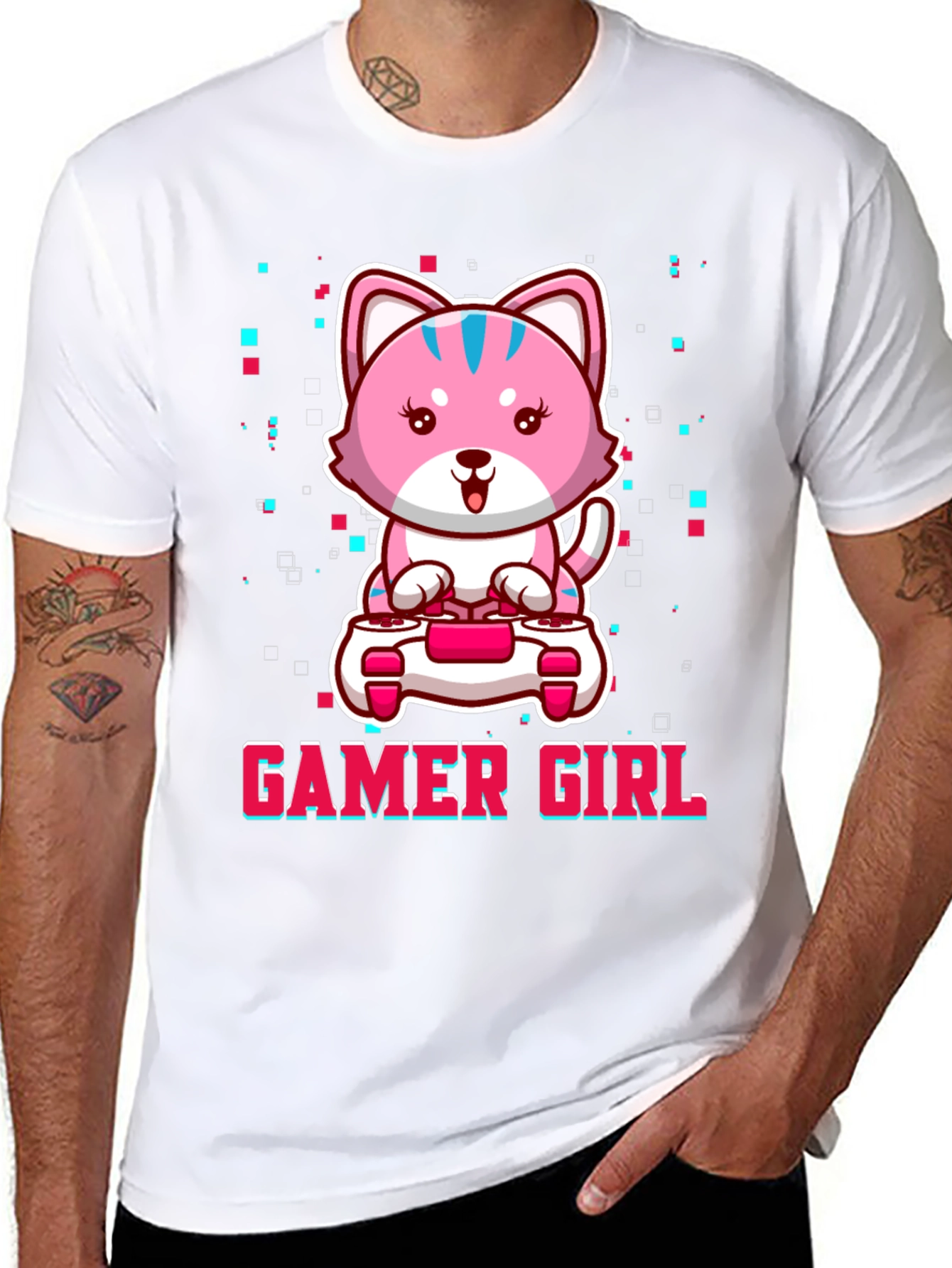 Gamer Girl Cute Pink Kitty Cat Graphic T-Shirt